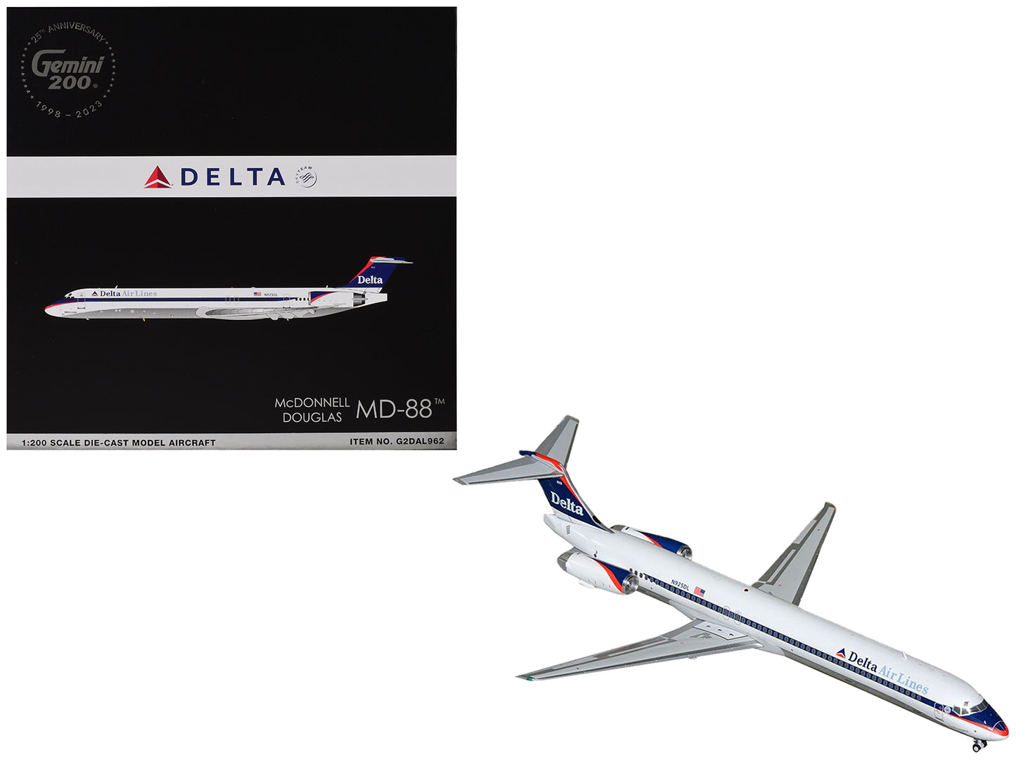 McDonnell Douglas MD-88 Commercial Aircraft "Delta Air Lines" (N925DL) White with Blue Stripes and Tail "Gemini 200" Series 1/200 Diecast Model Airplane by GeminiJets
