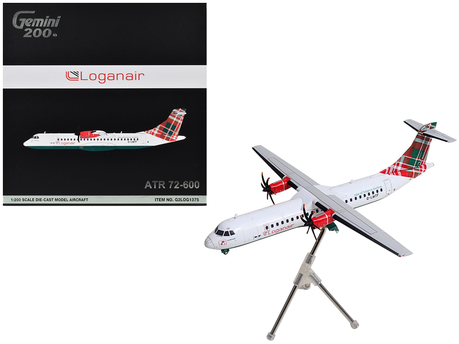 ATR 72-600 Commercial Aircraft "Loganair - Isle of Man's Airline" (G-LMTF) White with Green and Red Plaid Tail "Gemini 200" Series 1/200 Diecast Model Airplane by GeminiJets free shipping USA