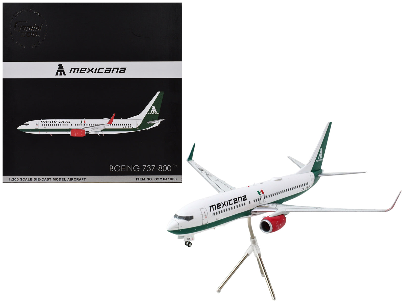 Boeing 737-800 Commercial Aircraft "Mexicana" (XA-ASM) White with Green Stripes "Gemini 200" Series 1/200 Diecast Model Airplane by GeminiJets free shipping USA
