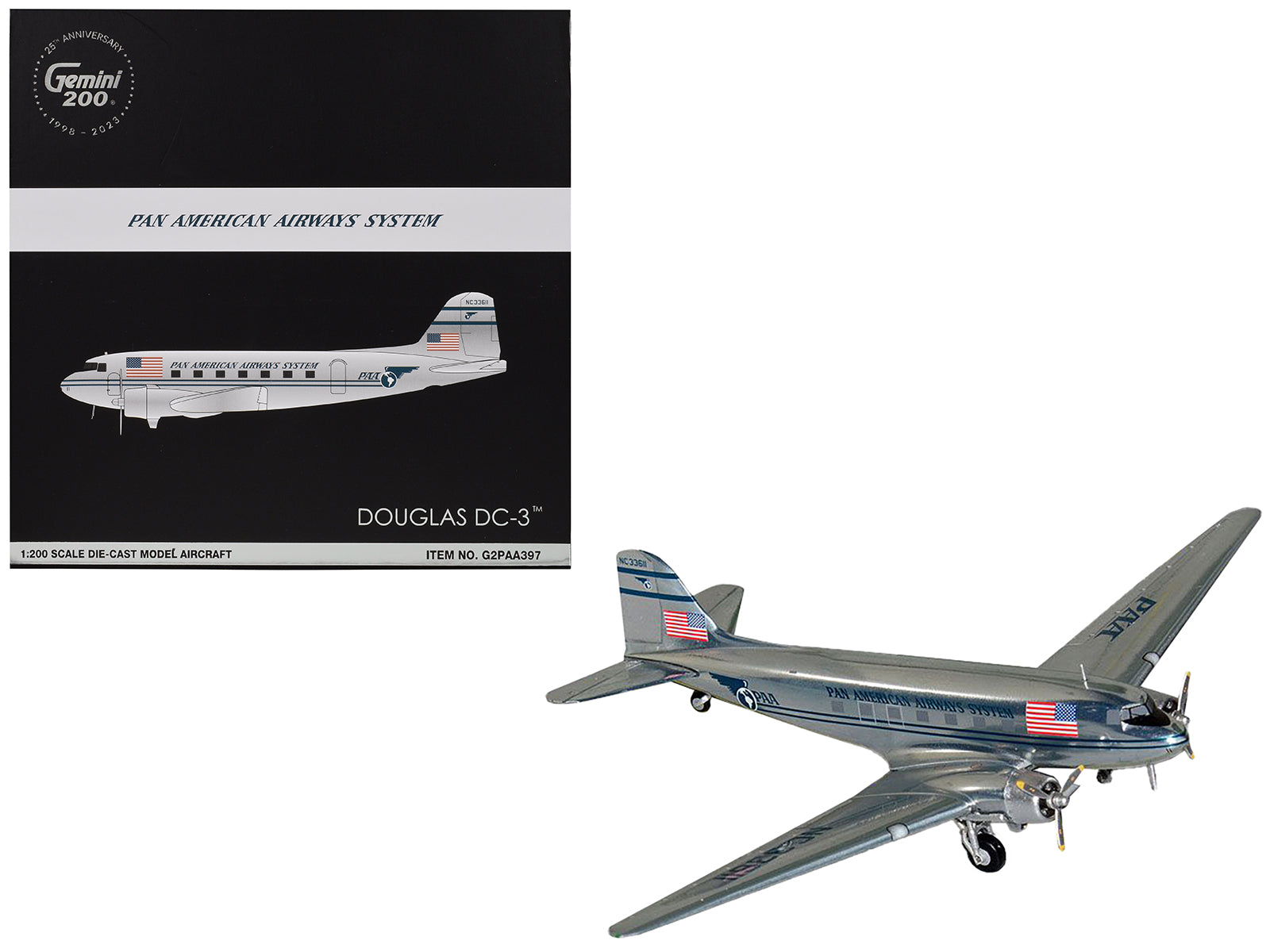 Douglas DC-3 Commercial Aircraft "Pan American Airways" (NC33611) Polished Metal Finish "Gemini 200" Series 1/200 Diecast Model Airplane by GeminiJets free shipping USA