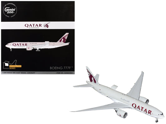 Boeing 777F Commercial Aircraft "Qatar Cargo" (A7-BFT) Gray with Tail Graphics "Gemini 200 - Interactive" Series 1/200 Diecast Model Airplane by GeminiJets free shipping USA