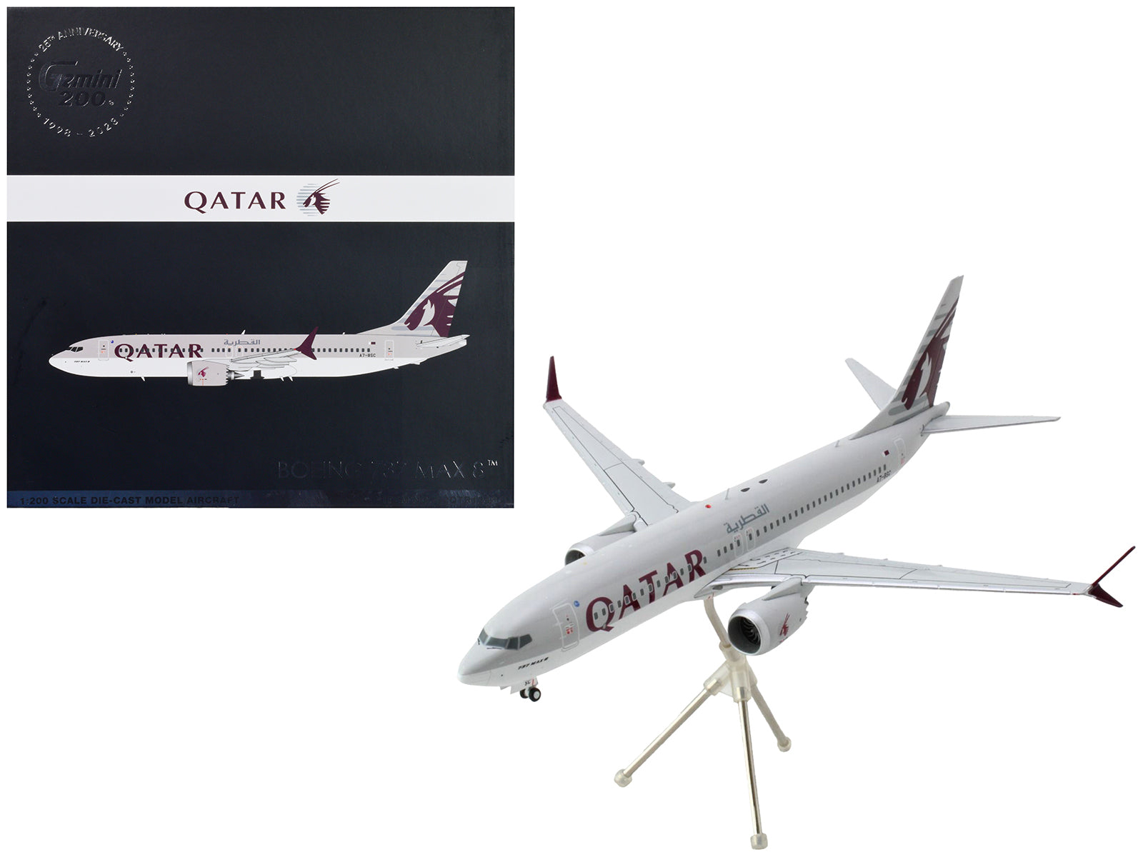 Boeing 737 MAX 8 Commercial Aircraft "Qatar Airways" Gray and White with Tail Graphics "Gemini 200" Series 1/200 Diecast Model Airplane by GeminiJets free shipping USA