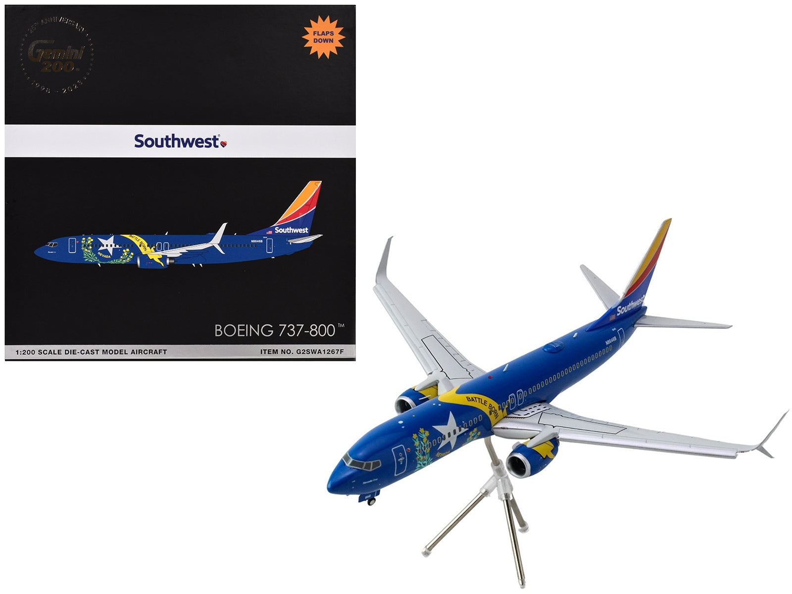 Boeing 737-800 Commercial Aircraft with Flaps Down "Southwest Airlines - Nevada One" (N8646B) Blue with Tail Stripes "Gemini 200" Series 1/200 Diecast Model Airplane by GeminiJets