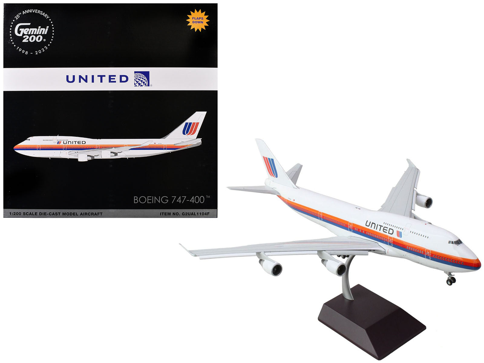 Boeing 747-400 Commercial Aircraft with Flaps Down "United Airlines - Saul Bass Livery" (N175UA) White with Stripes "Gemini 200" Series 1/200 Diecast Model Airplane by GeminiJets - Premium Boeing from GeminiJets - Just $214.45! Shop now at Rapidvehicles