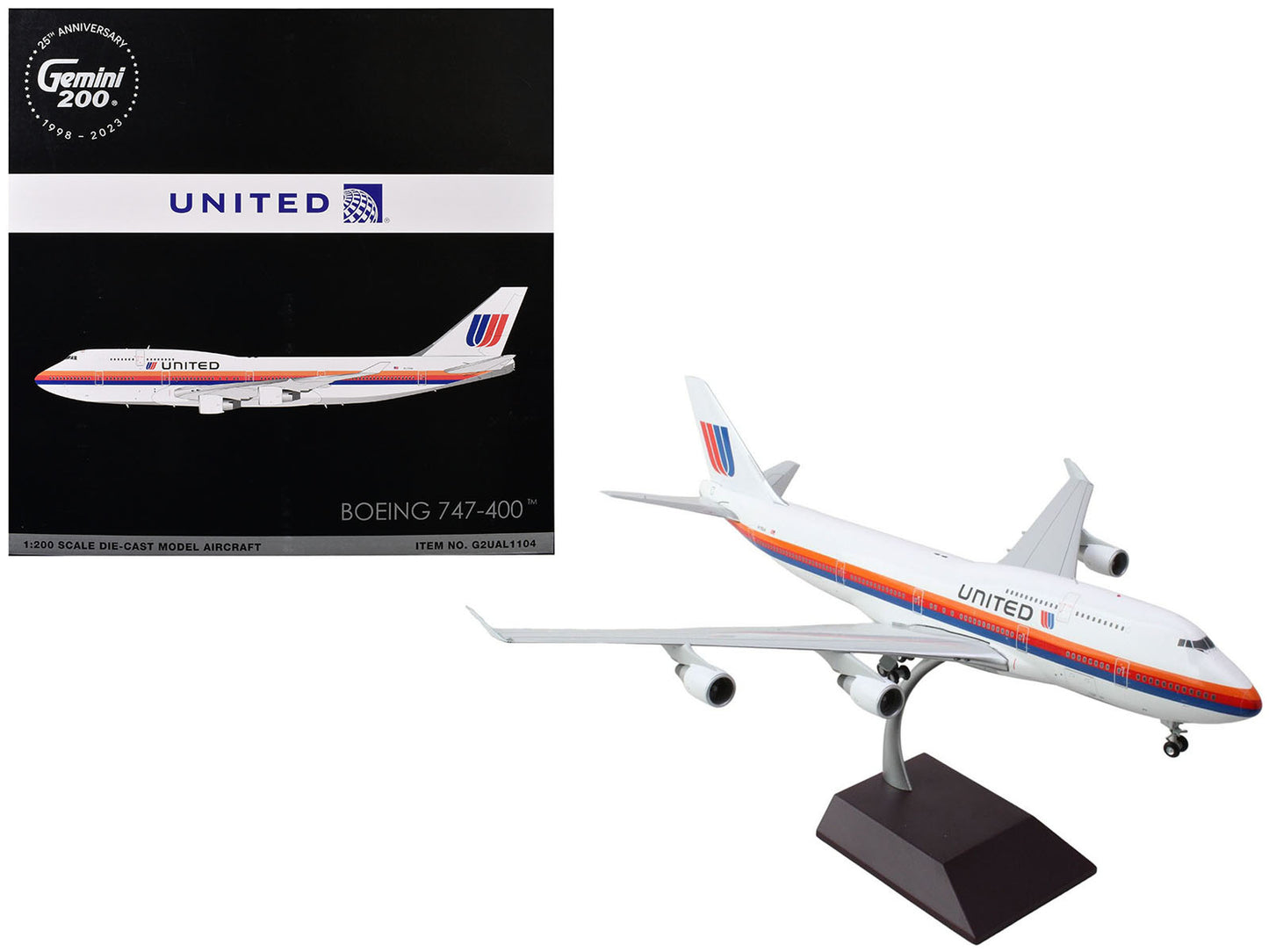 Boeing 747-400 Commercial Aircraft "United Airlines - Saul Bass Livery" (N175UA) White with Stripes "Gemini 200" Series 1/200 Diecast Model Airplane by GeminiJets - Premium Boeing from GeminiJets - Just $185.45! Shop now at Rapidvehicles