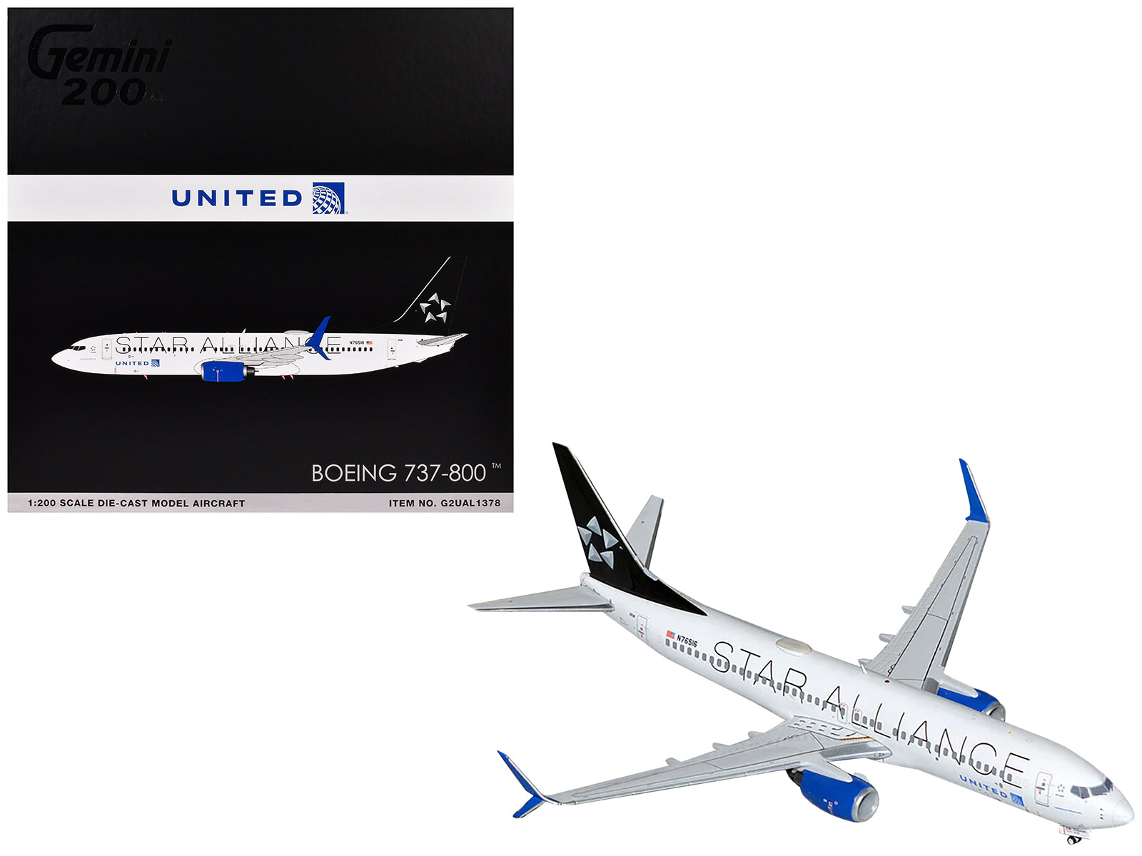 Boeing 737-800 Commercial Aircraft "United Airlines Star Alliance" (N76516) White with Black Tail "Gemini 200" Series 1/200 Diecast Model Airplane by GeminiJets free shipping USA