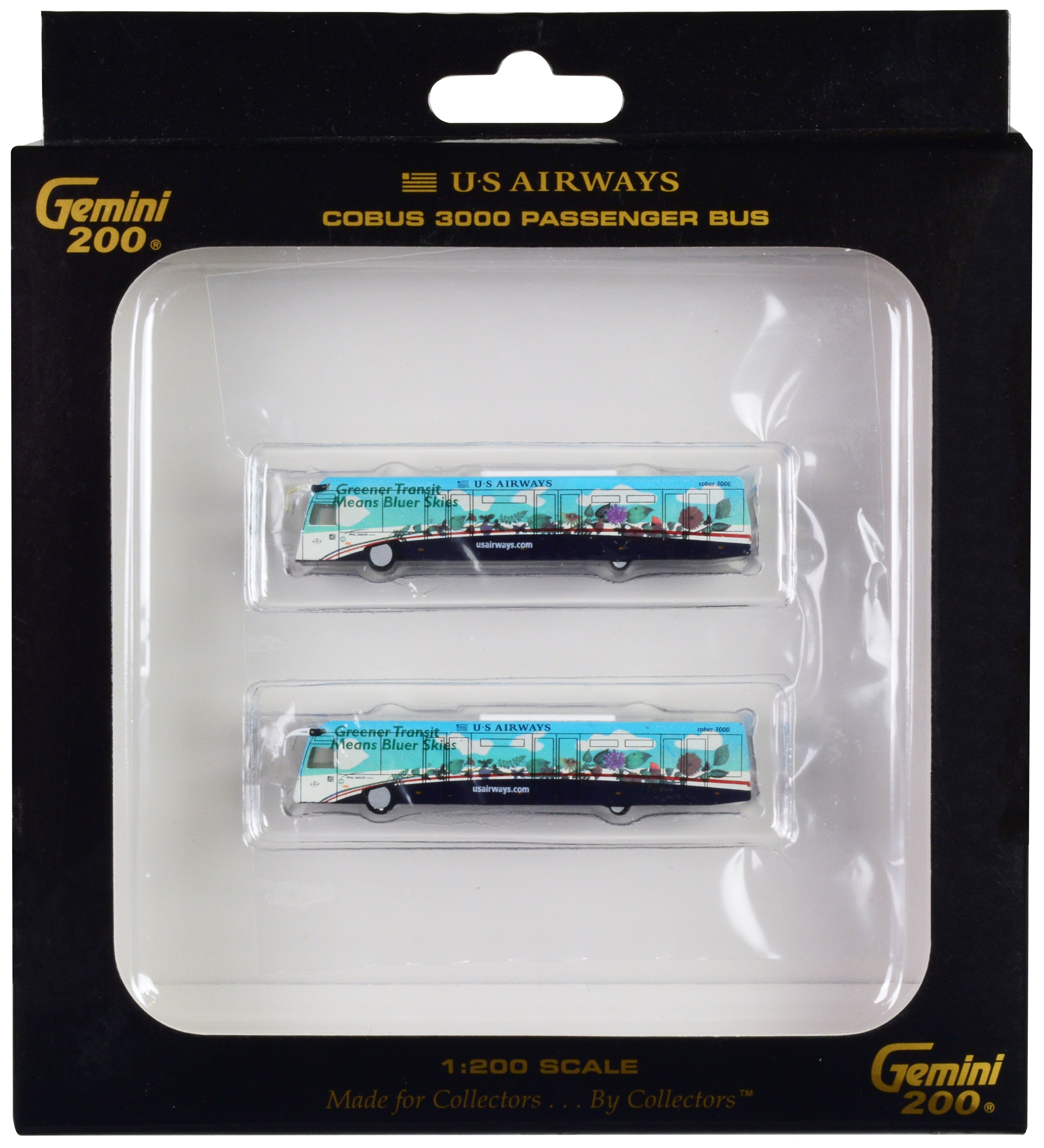 Cobus 3000 Passenger Bus White and Blue with Graphics "US Airways Shuttle Bus - Greener Transit" 2 Piece Set "Gemini 200" Series Diecast Models by GeminiJets free shipping USA