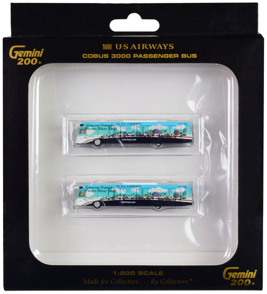 Cobus 3000 Passenger Bus White and Blue with Graphics "US Airways Shuttle Bus - Greener Transit" 2 Piece Set "Gemini 200" Series Diecast Models by GeminiJets free shipping USA