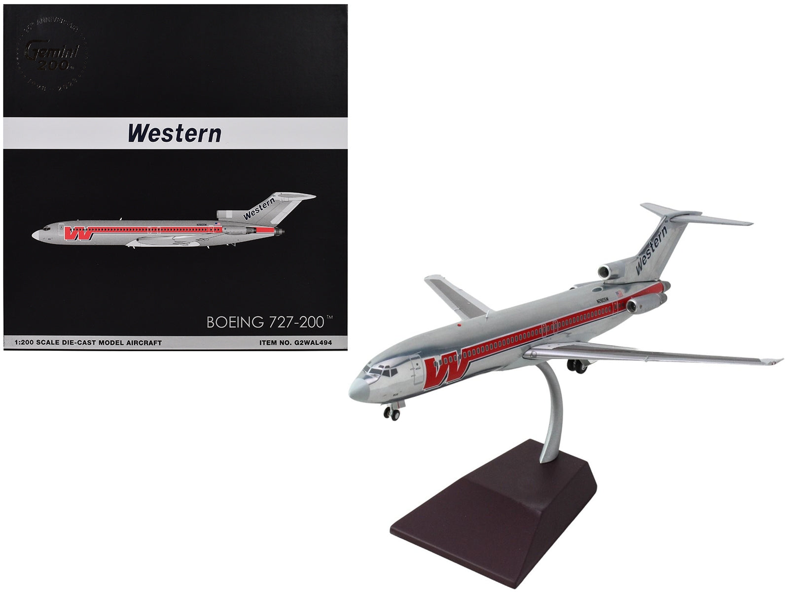 Boeing 727-200 Commercial Aircraft "Western Airlines" (N2805W) Silver with Red Stripes "Gemini 200" Series 1/200 Diecast Model Airplane by GeminiJets - Premium Boeing from GeminiJets - Just $124.99! Shop now at Rapidvehicles