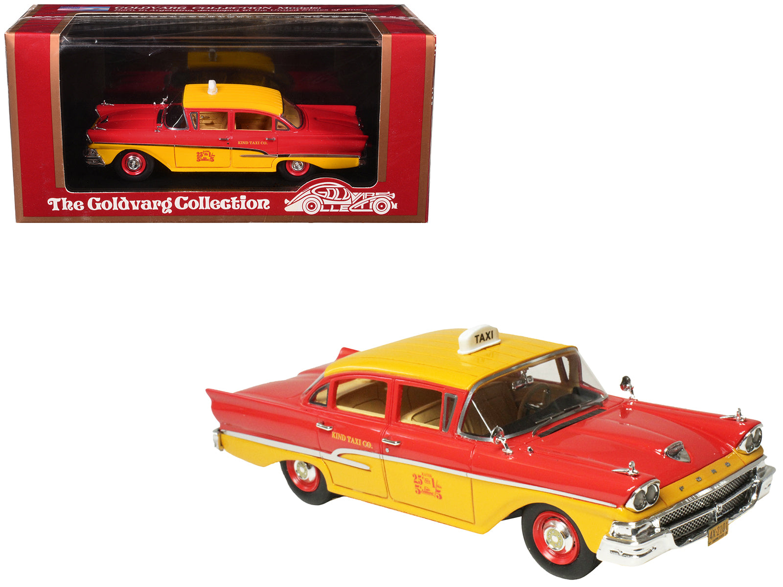 1958 Ford Custom 300 Taxi Cab "Kind Taxi Co." Red and Yellow with Yellow Interior Limited Edition to 200 pieces Worldwide 1/43 Model Car by Goldvarg Collection free shipping USA