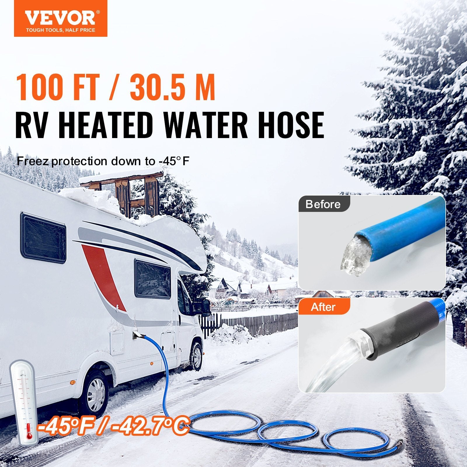 VEVOR 100ft Heated Water Hose for RV, Heated Drinking Water Hose Antifreeze to -45?F, Automatic Self-regulating, 5/8" I.D. with 3/4" GHT Adapter, Lead and BPA Free - Premium Plumbing from VEVOR - Just $194.99! Shop now at Rapidvehicles