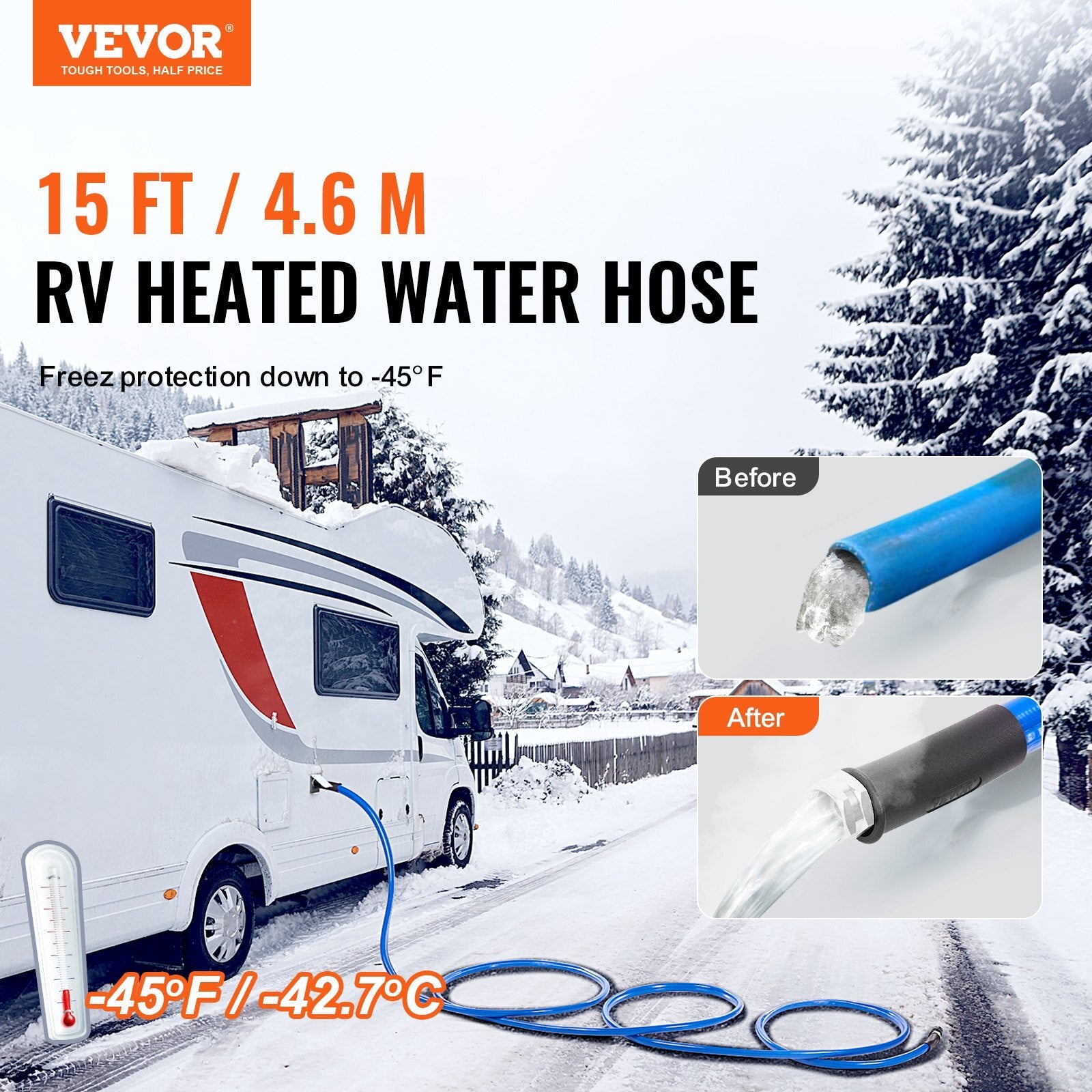 VEVOR 15ft Heated Water Hose for RV, Heated Drinking Water Hose Antifreeze to -45?F, Automatic Self-regulating, 5/8" I.D. with 3/4" GHT Adapter, Lead and BPA Free - Premium Plumbing from VEVOR - Just $74.19! Shop now at Rapidvehicles