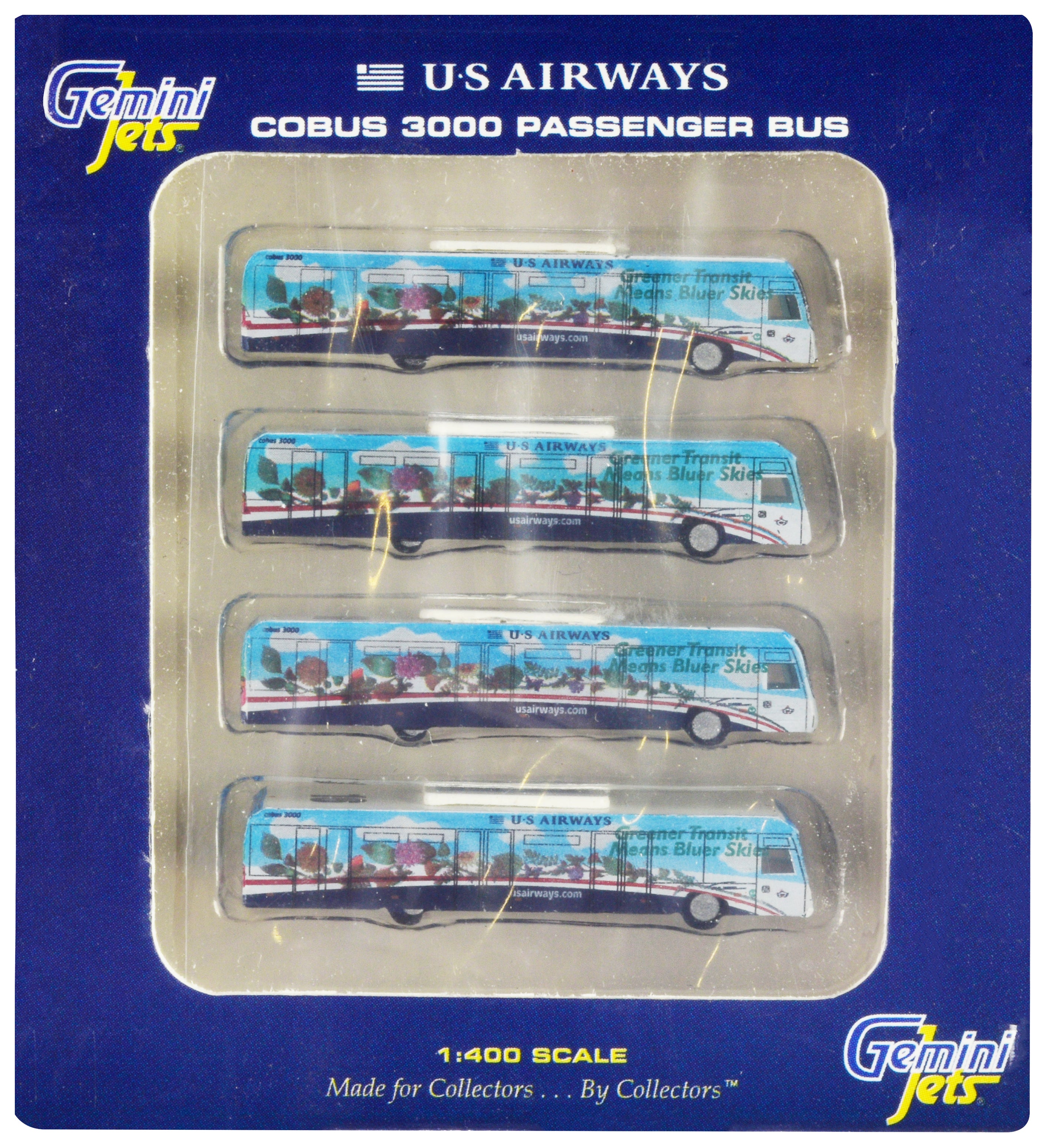 Cobus 3000 Passenger Bus White and Blue with Graphics "US Airways Shuttle Bus - Greener Transit" 4 Piece Set 1/400 Diecast Models by GeminiJets free shipping USA