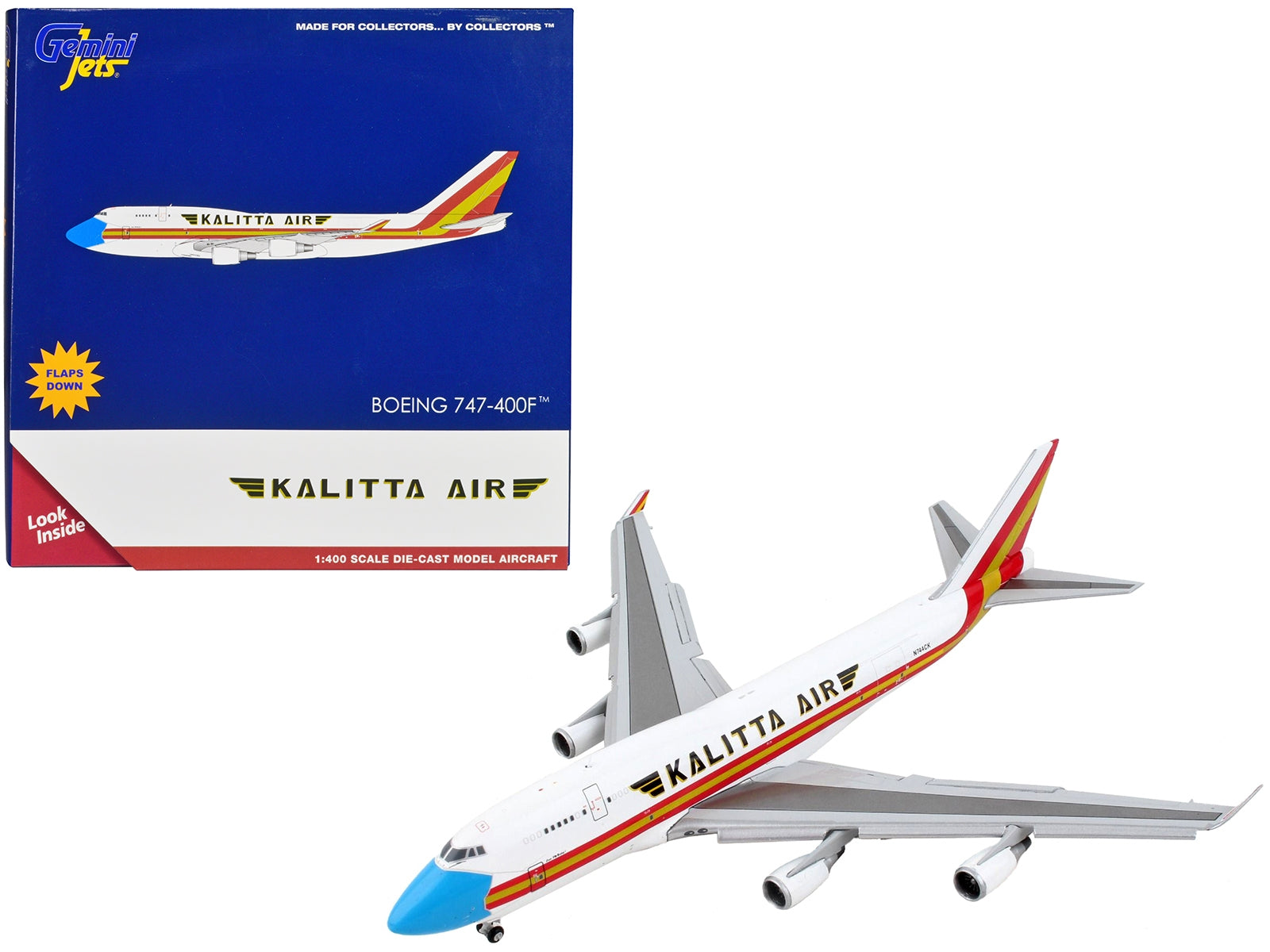 Boeing 747-400F Commercial Aircraft with Flaps Down "Kalitta Air" White with Stripes "Mask" Livery 1/400 Diecast Model Airplane by GeminiJets