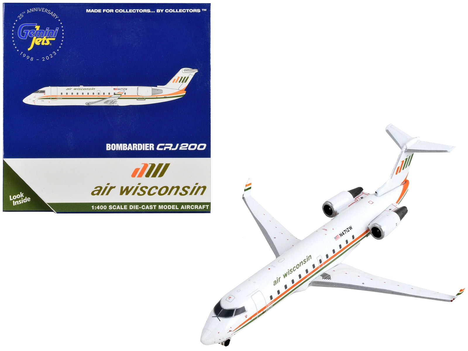 Bombardier CRJ200 Commercial Aircraft "Air Wisconsin" White with Orange and Green Stripes 1/400 Diecast Model Airplane by GeminiJets - Premium Bombardier from GeminiJets - Just $64.99! Shop now at Rapidvehicles