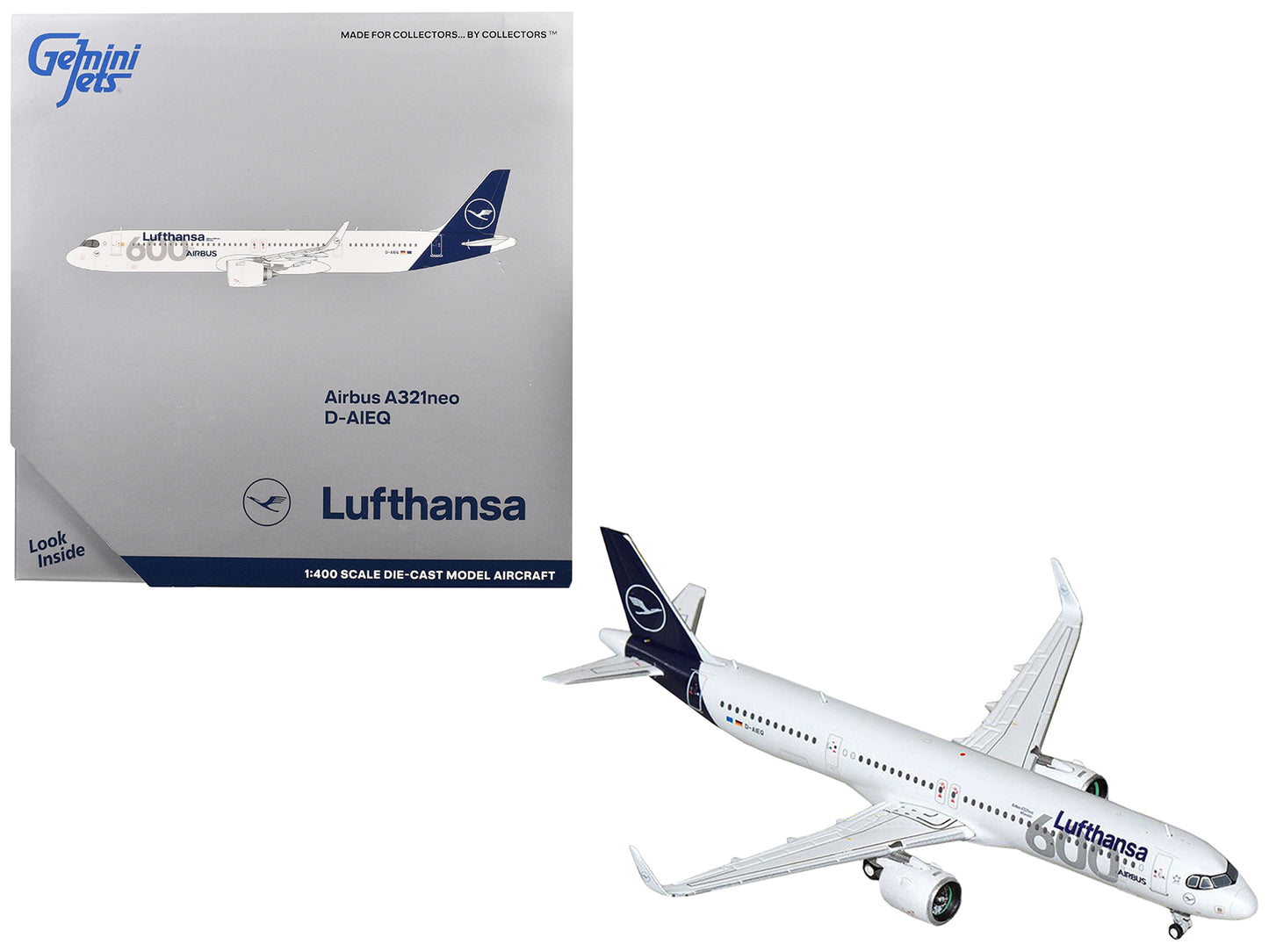 Airbus A321neo Commercial Aircraft "Lufthansa - 600th Airbus Aircraft" (D-AIEQ) White with Dark Blue Tail 1/400 Diecast Model Airplane by GeminiJets