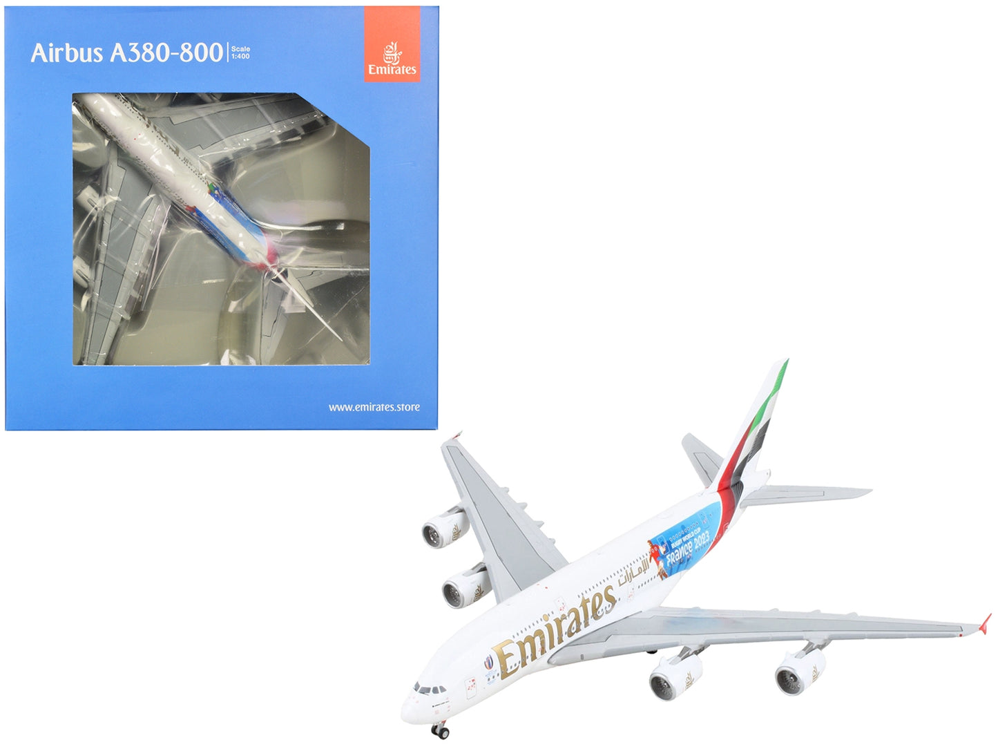 Airbus A380-800 Commercial Aircraft "Emirates Airlines - 2023 Rugby World Cup Sponsor" White with Striped Tail 1/400 Diecast Model Airplane by GeminiJets - Premium Aircrafts and War Planes from GeminiJets - Just $91.89! Shop now at Rapidvehicles