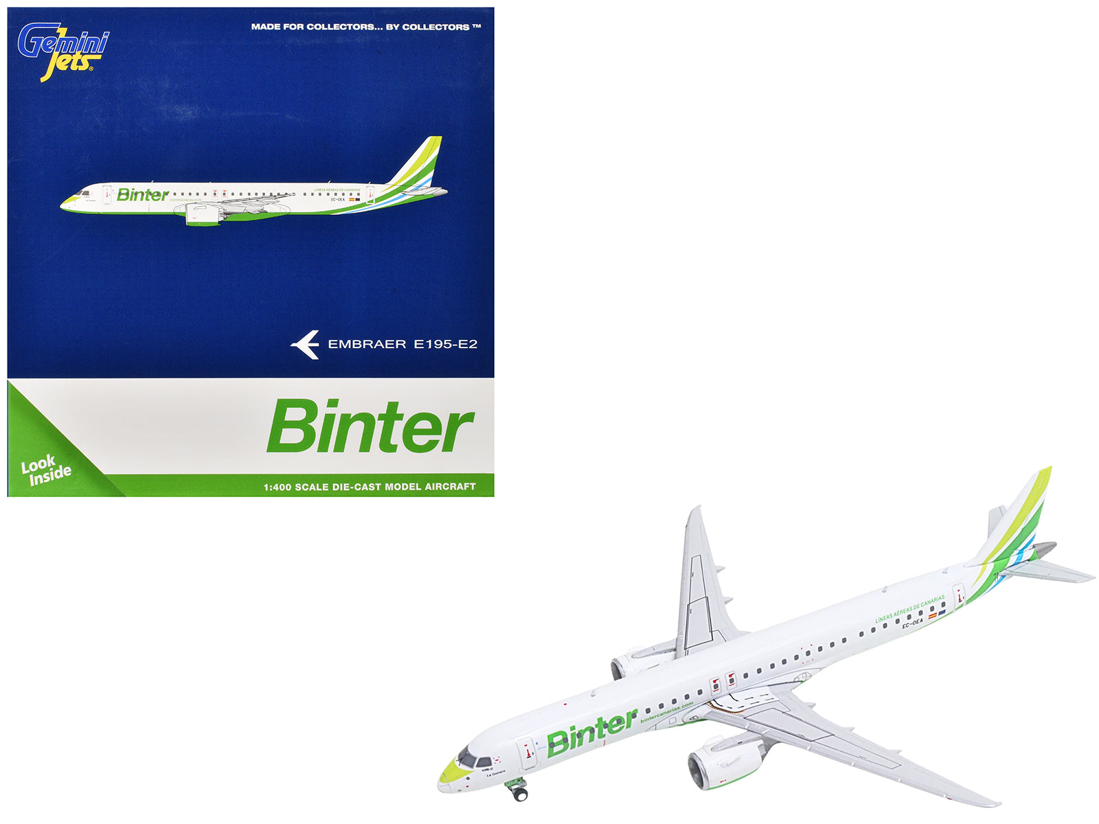 Embraer E195-E2 Commercial Aircraft "Binter Canarias" (EC-OEA) White with Green Tail Stripes Stripes 1/400 Diecast Model Airplane by GeminiJets free shipping USA