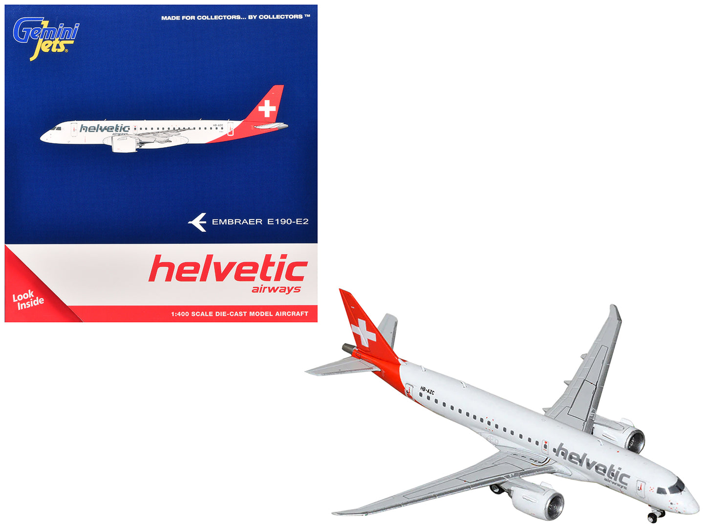 Embraer E190-E2 Commercial Aircraft "Helvetic Airways" (HB-AZC) White with Red Tail 1/400 Diecast Model Airplane by GeminiJets