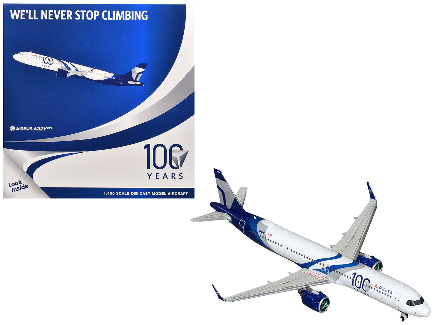 Airbus A321neo Commercial Aircraft "Delta Air Lines 100 Years" (N589DT) White and Blue with Stripes 1/400 Diecast Model Airplane by GeminiJets