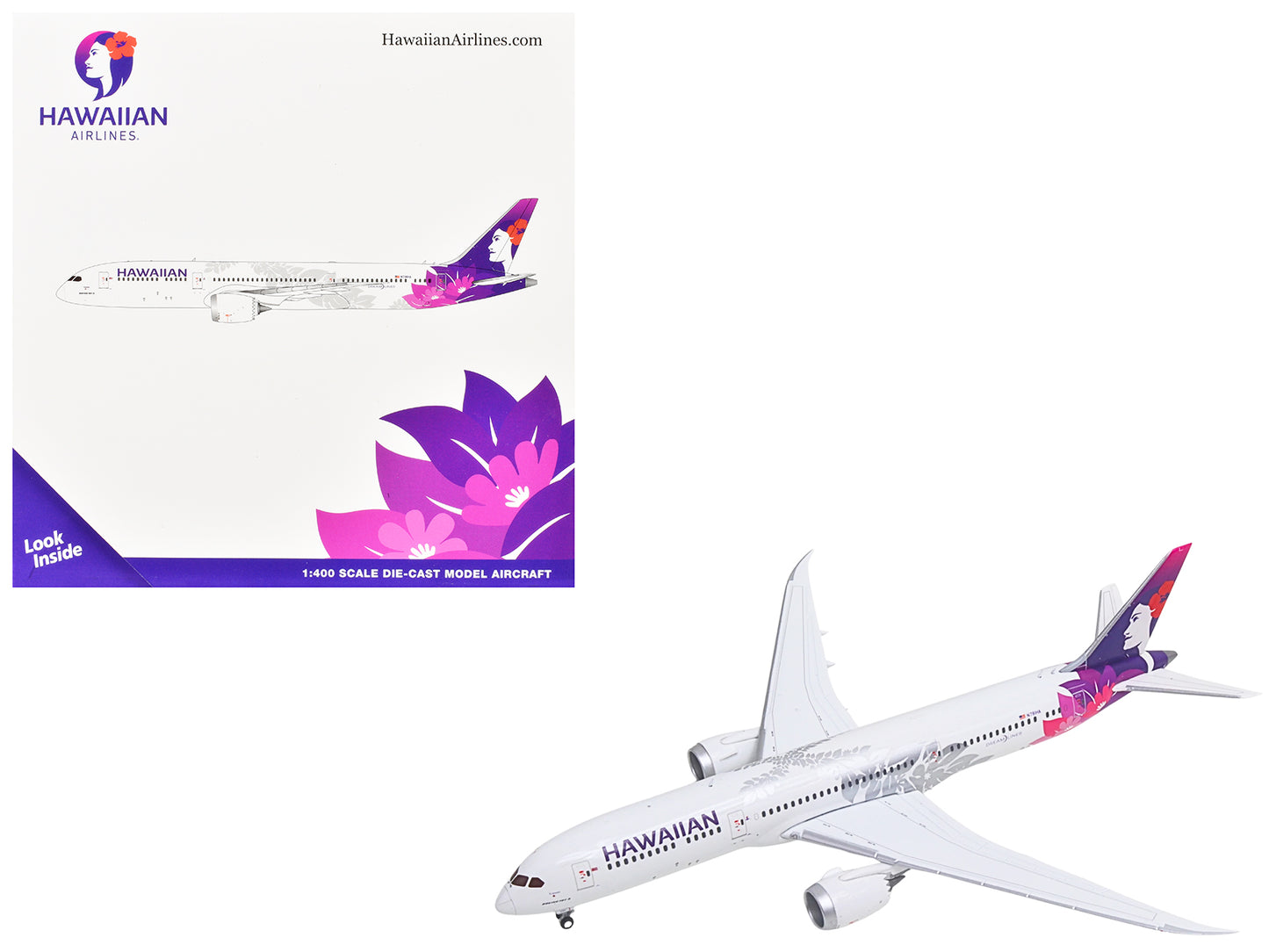 Boeing 787-9 Commercial Aircraft "Hawaiian Airlines" (N781HA) White with Purple Tail Graphics 1/400 Diecast Model Airplane by GeminiJets