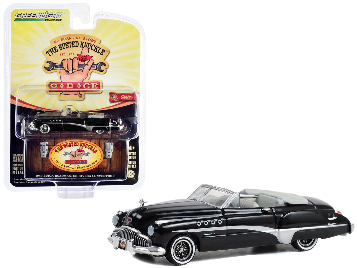 1949 Buick Roadmaster Rivera Convertible Black "Busted Knuckle Garage Car Detailing" "Busted Knuckle Garage" Series 2 1/64 Diecast Model Car by Greenlight - Use code SHOPAPP15 to get 15 percent off