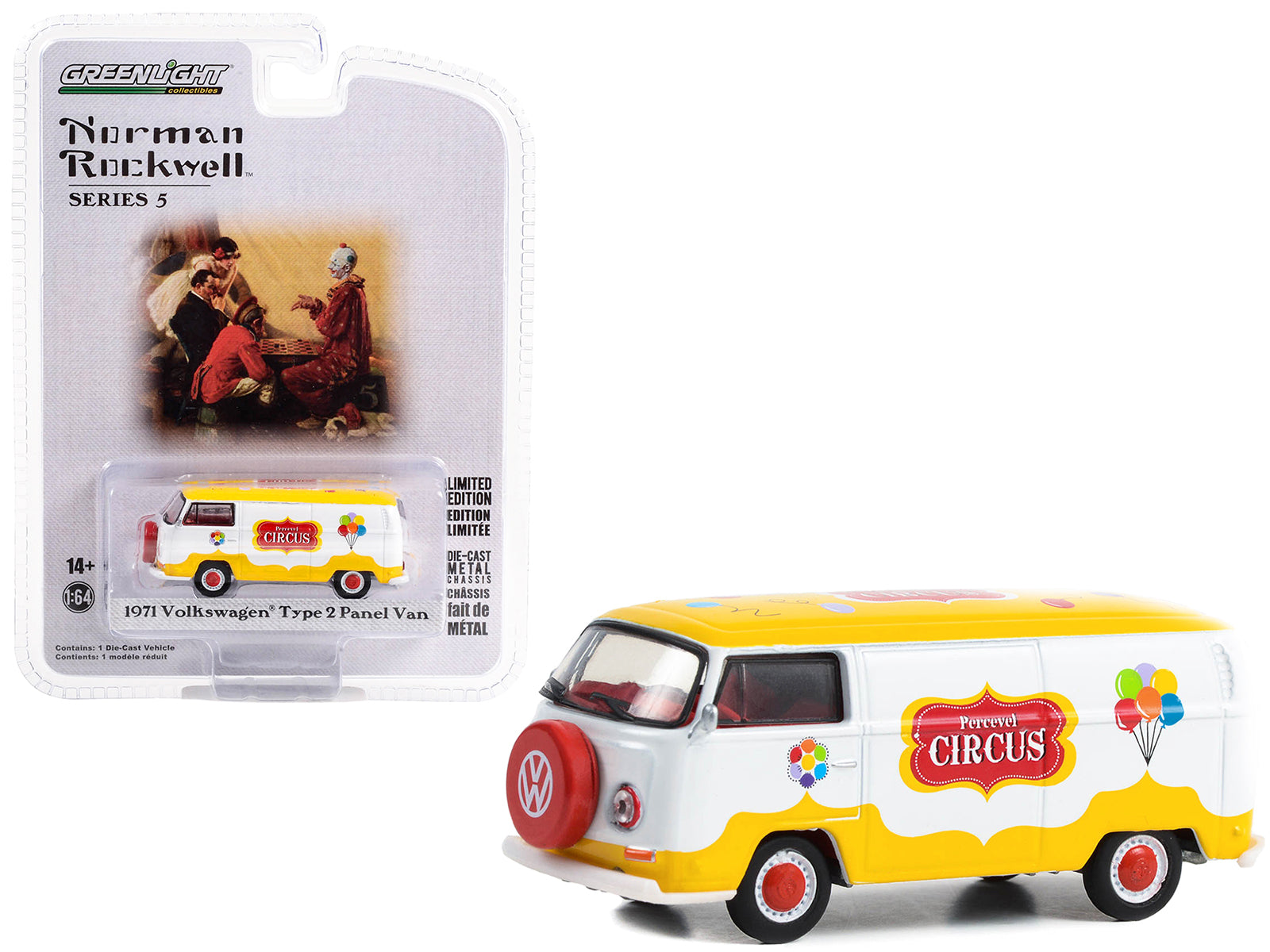 1971 Volkswagen Type 2 Panel Van Yellow and White with Red Interior "Percevel Circus" "Norman Rockwell" Series 5 1/64 Diecast Model Car by Greenlight free shipping USA