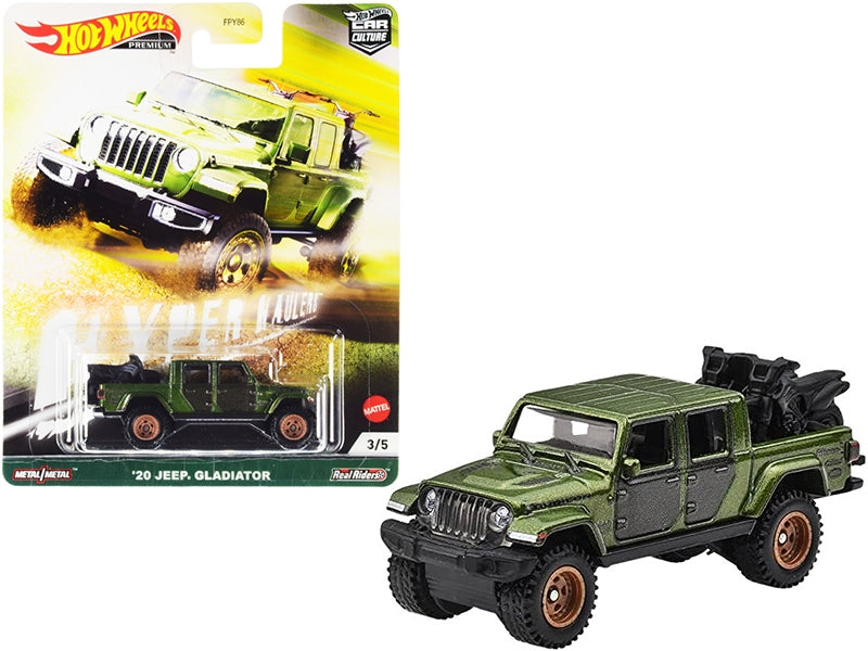 2020 Jeep Gladiator Rubicon Pickup Truck with Two Motorcycles Green Metallic and Gray "Hyper Haulers" Series Diecast Model Car by Hot Wheels - Premium Pickup Trucks Models from Hotwheels - Just $25.07! Shop now at Rapidvehicles