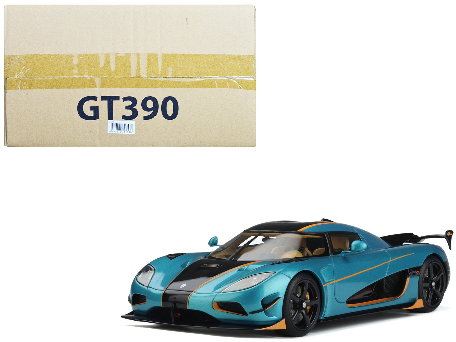 2016 Koenigsegg Agera RSR Blue Metallic and Black with Orange Stripes 1/18 Model Car by GT Spirit