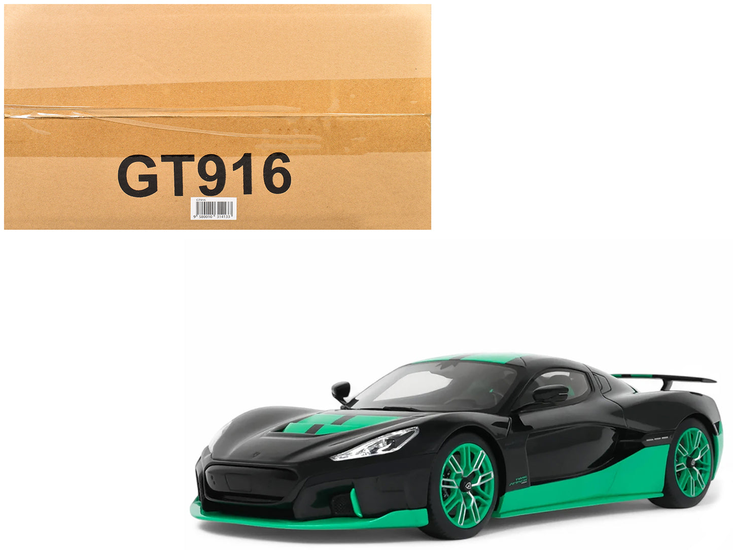 2023 Rimac Nevera Black with Green Stripes 1/18 Model Car by GT Spirit