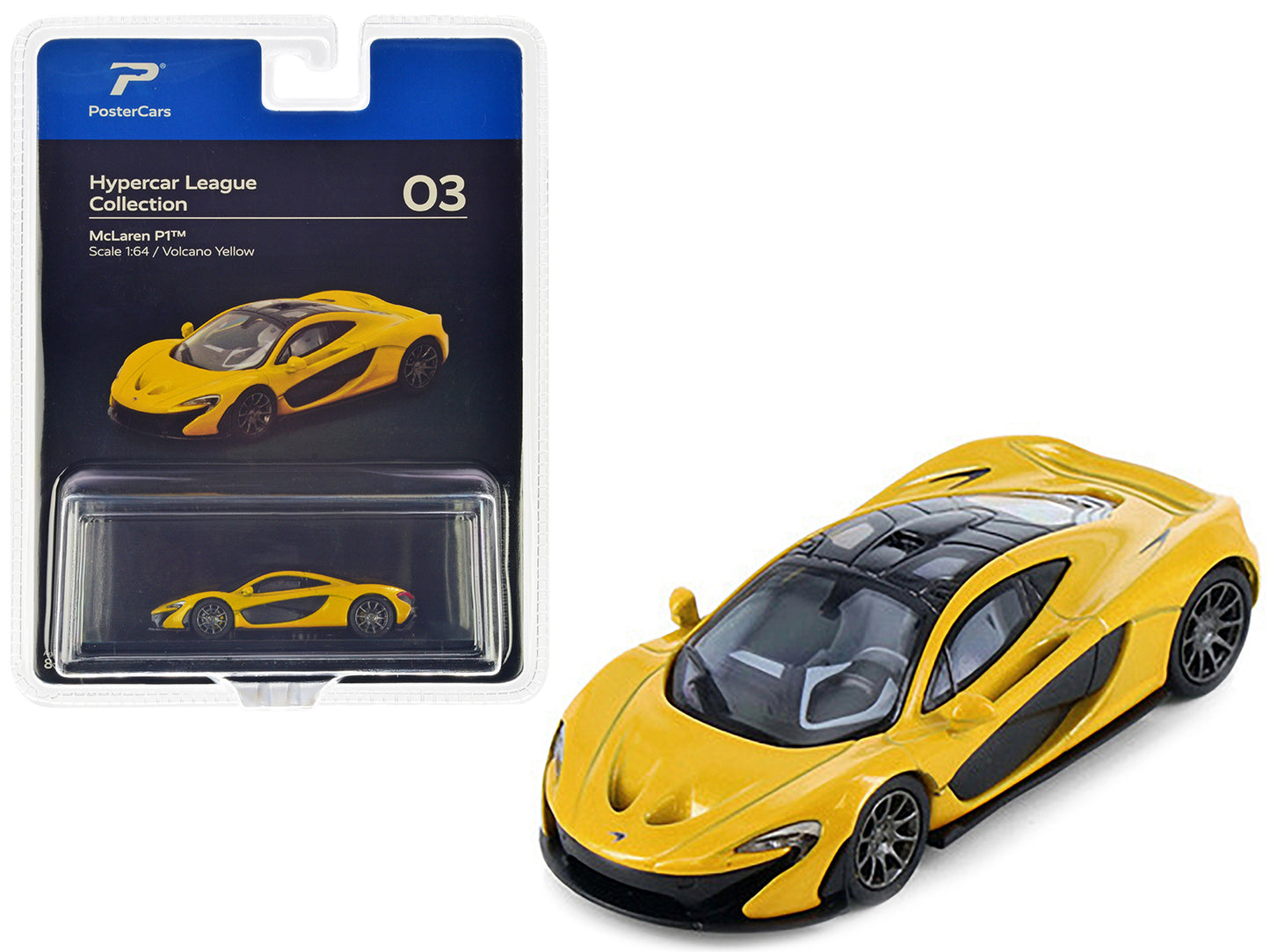 McLaren P1 Volcano Yellow Metallic with Black Top "Hypercar League Collection" 1/64 Diecast Model Car by PosterCars - Use code SHOPAPP15 to get 15 percent off