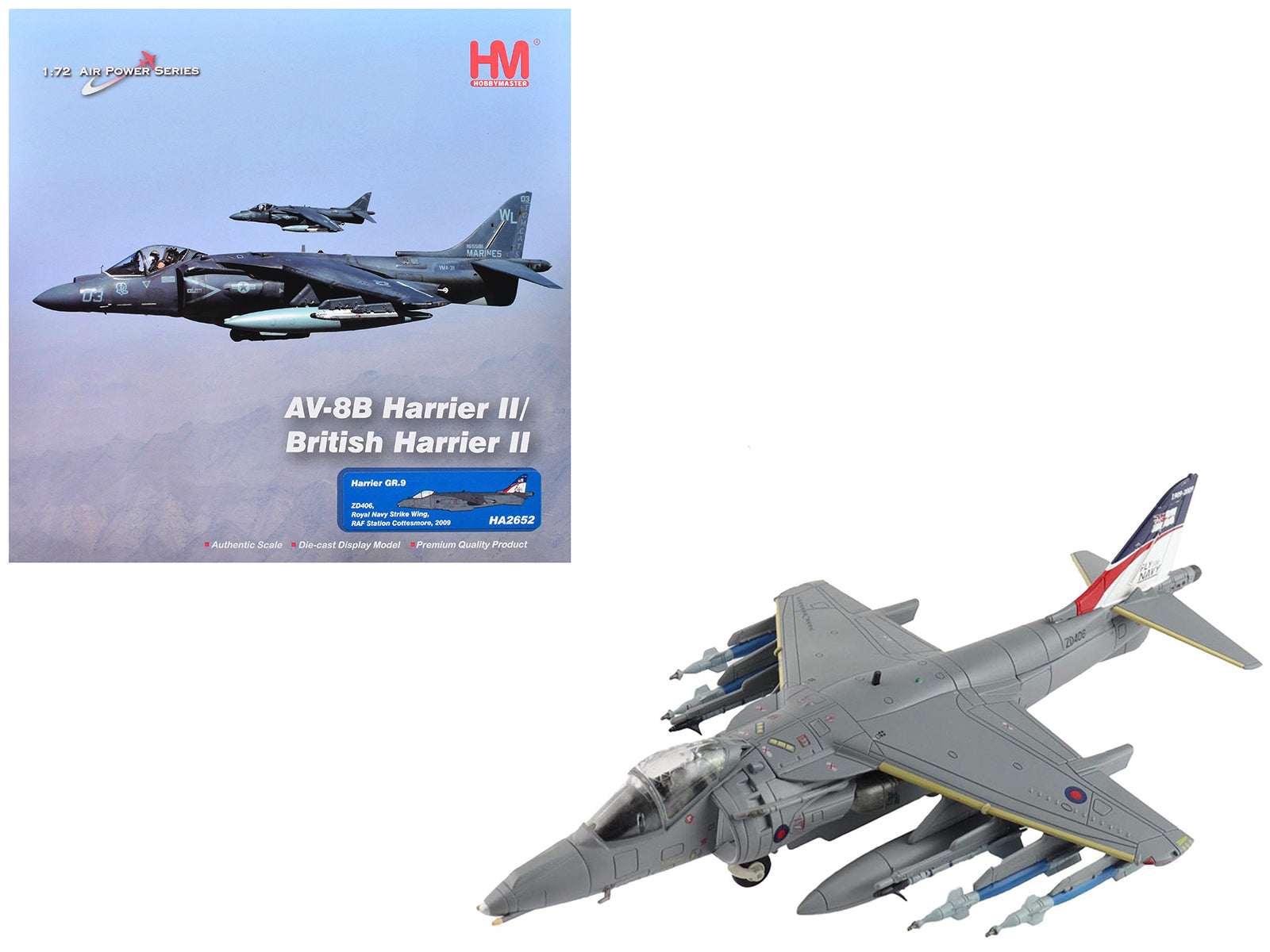 British Aerospace Harrier GR.9 Aircraft "ZD406 Royal Navy Strike Wing RAF Station Cottesmore" (2009) British Royal Air Force/Navy "Air Power Series" 1/72 Diecast Model by Hobby Master free shipping USA