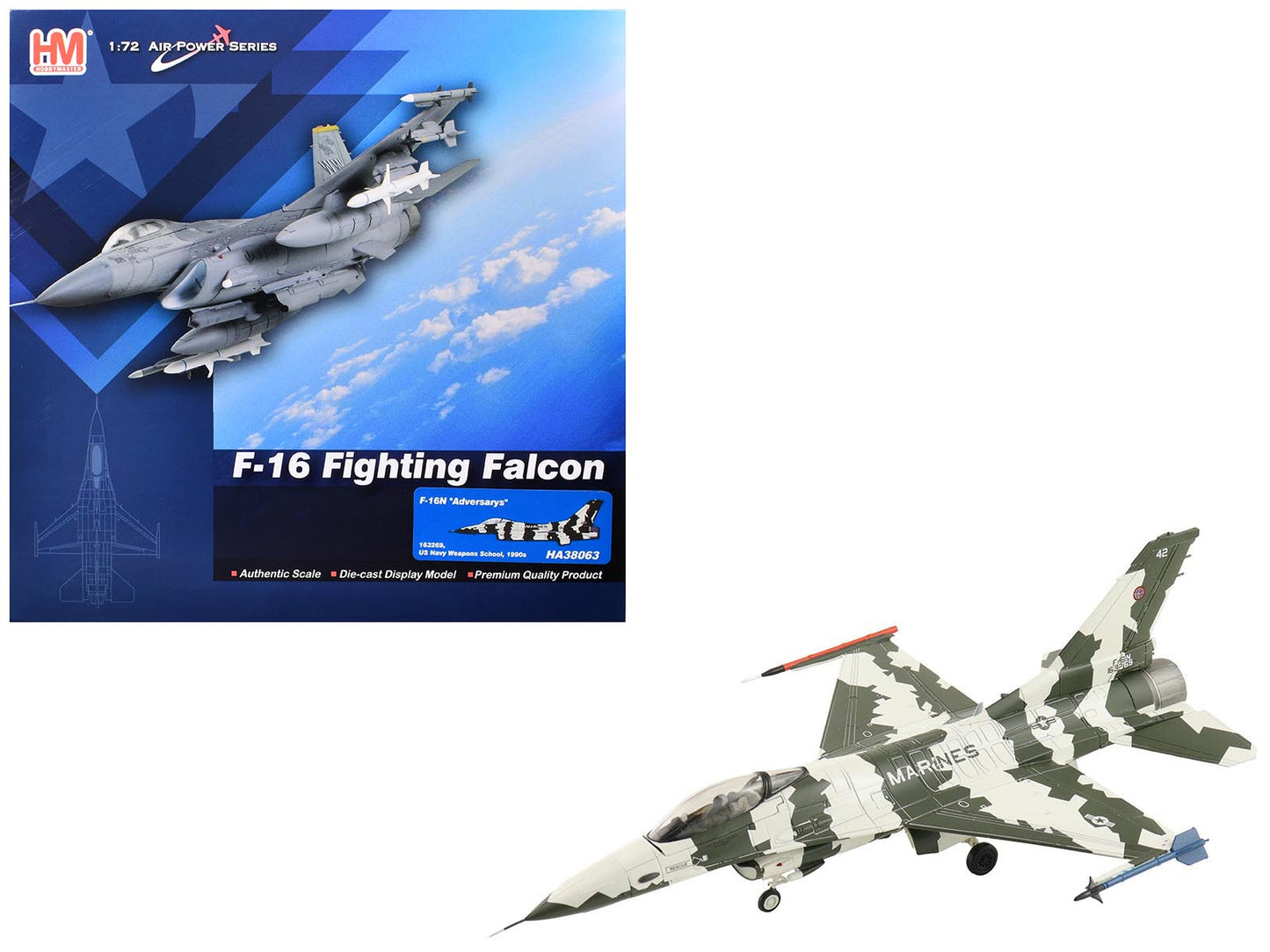 General Dynamics F-16N Fighting Falcon Fighter Aircraft "163269 U.S. Navy Fighter Weapons School" (1990s) United States Marine Corps "Air Power Series" 1/72 Diecast Model by Hobby Master