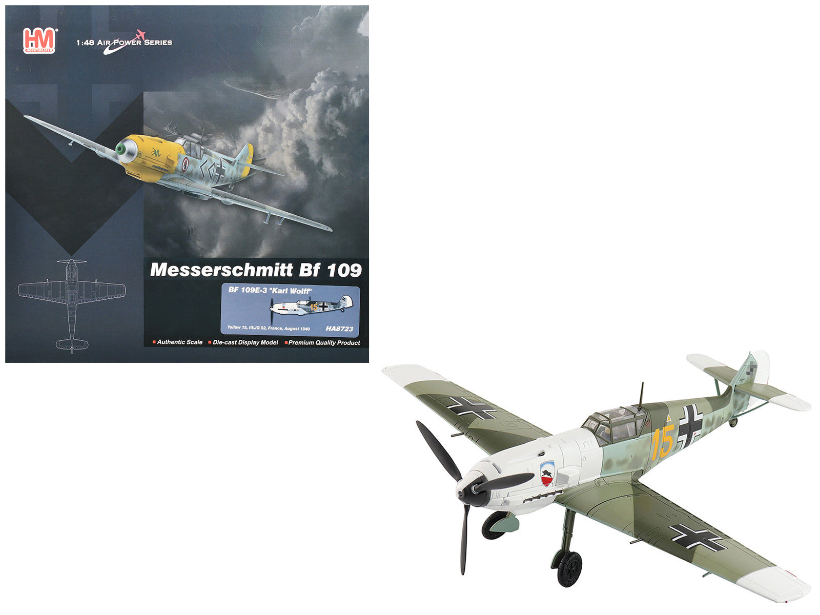 Messerschmitt Bf 109E-3 Fighter Aircraft "Yellow 15 Karl Wolff III/JG 52 France" (1940) German Luftwaffe "Air Power Series" 1/48 Diecast Model by Hobby Master free shipping USA