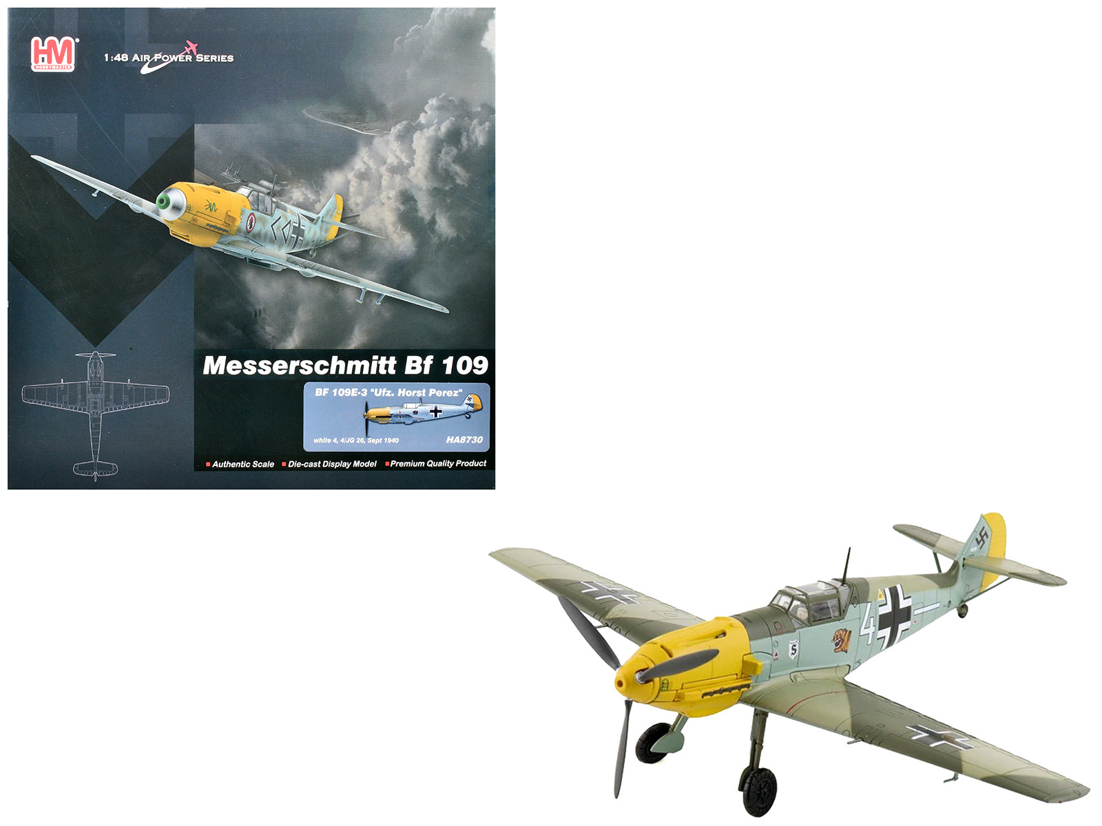 Messerschmitt Bf 109E-3 Fighter Aircraft "White 4 Unteroffizier Horst Perez 4/JG 26" (1940) German Luftwaffe "Air Power Series" 1/48 Diecast Model by Hobby Master free shipping USA