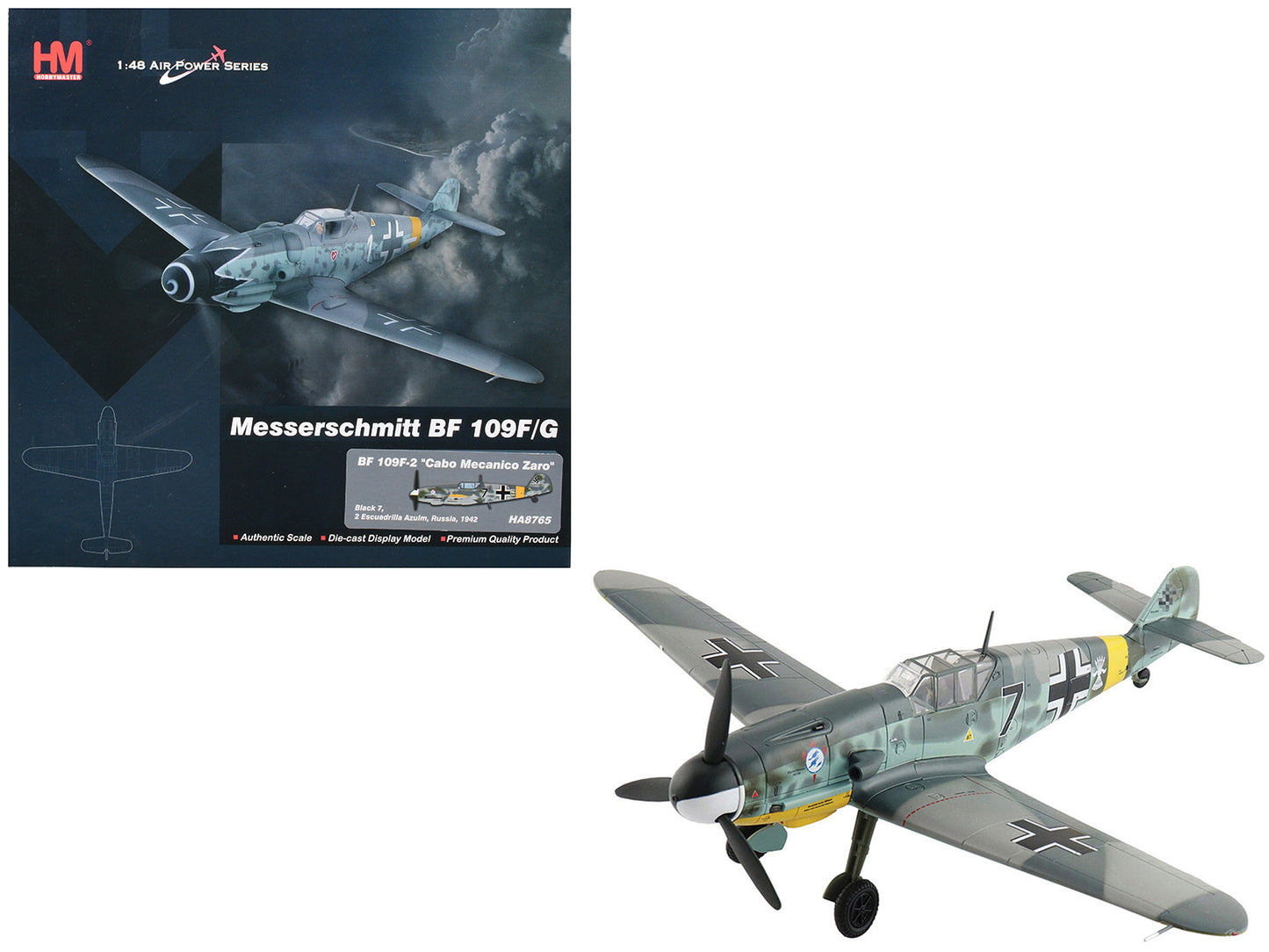 Messerschmitt Bf 109F-2 Fighter Aircraft "Black 7 Cabo Mecanico Zaro 2 Escuadrilla Azul Russia" (1942) Spanish Air Force "Air Power Series" 1/48 Diecast Model by Hobby Master - Use code SHOPAPP15 to get 15 percent off