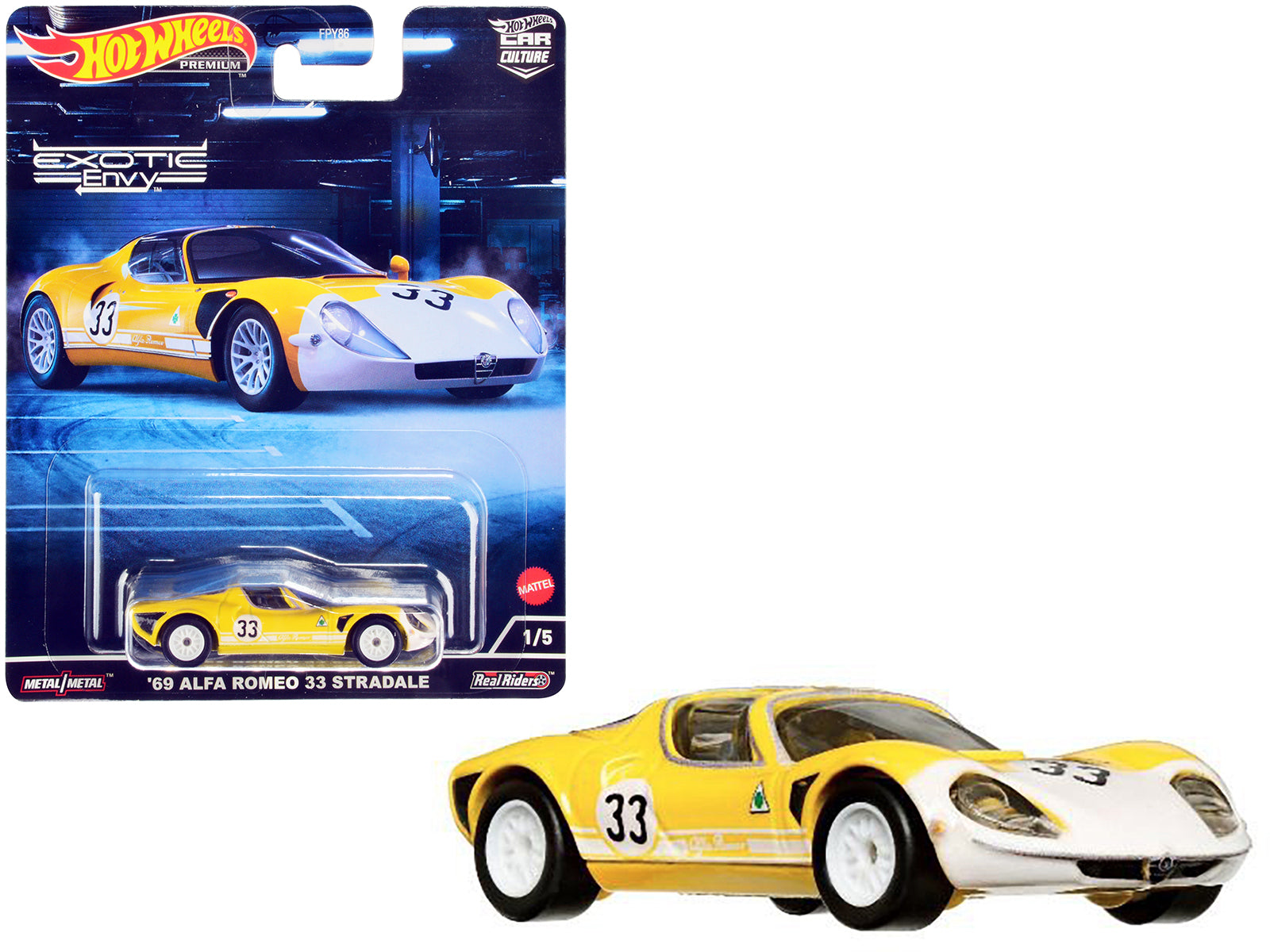 1969 Alfa Romeo 33 Stradale #33 Yellow and White "Exotic Envy" Series Diecast Model Car by Hot Wheels free shipping USA