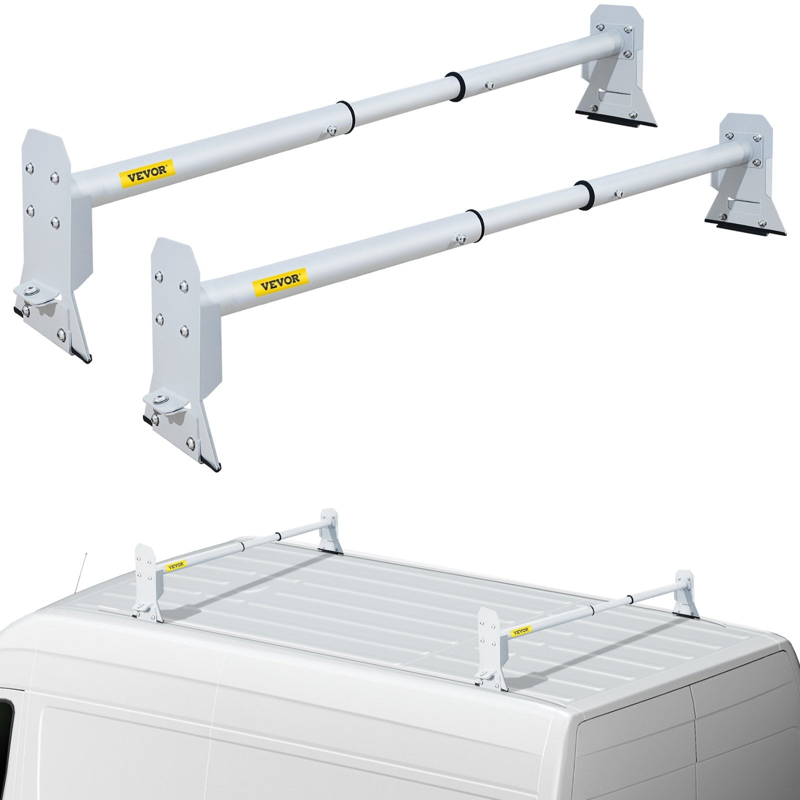 VEVOR Van Roof Ladder Rack, 2 Bars, 331 LBS Capacity, 46.5"-68.1" Adjustable Steel Roof Racks, Compatible with Chevy Dodge Ford GMC Express Savana, Universal Design, White - Premium Ladder Racks from VEVOR - Just $131.18! Shop now at Rapidvehicles