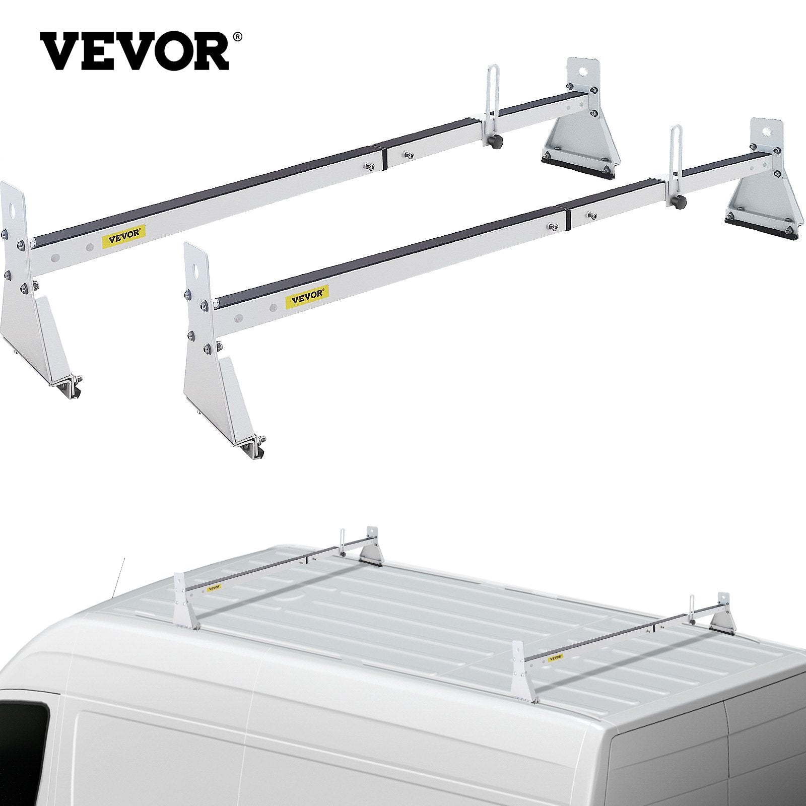 VEVOR Van Roof Ladder Rack, 2 Bars, 331 LBS Capacity, 52"-63.8" Adjustable Steel Roof Rack Cross Bar with Ladder Stoppers, Fit Vans with Rain Gutters, for Kayak Canoe Lumber Pipe Cargo,, White - Premium Ladder Racks from VEVOR - Just $137.79! Shop now at Rapidvehicles