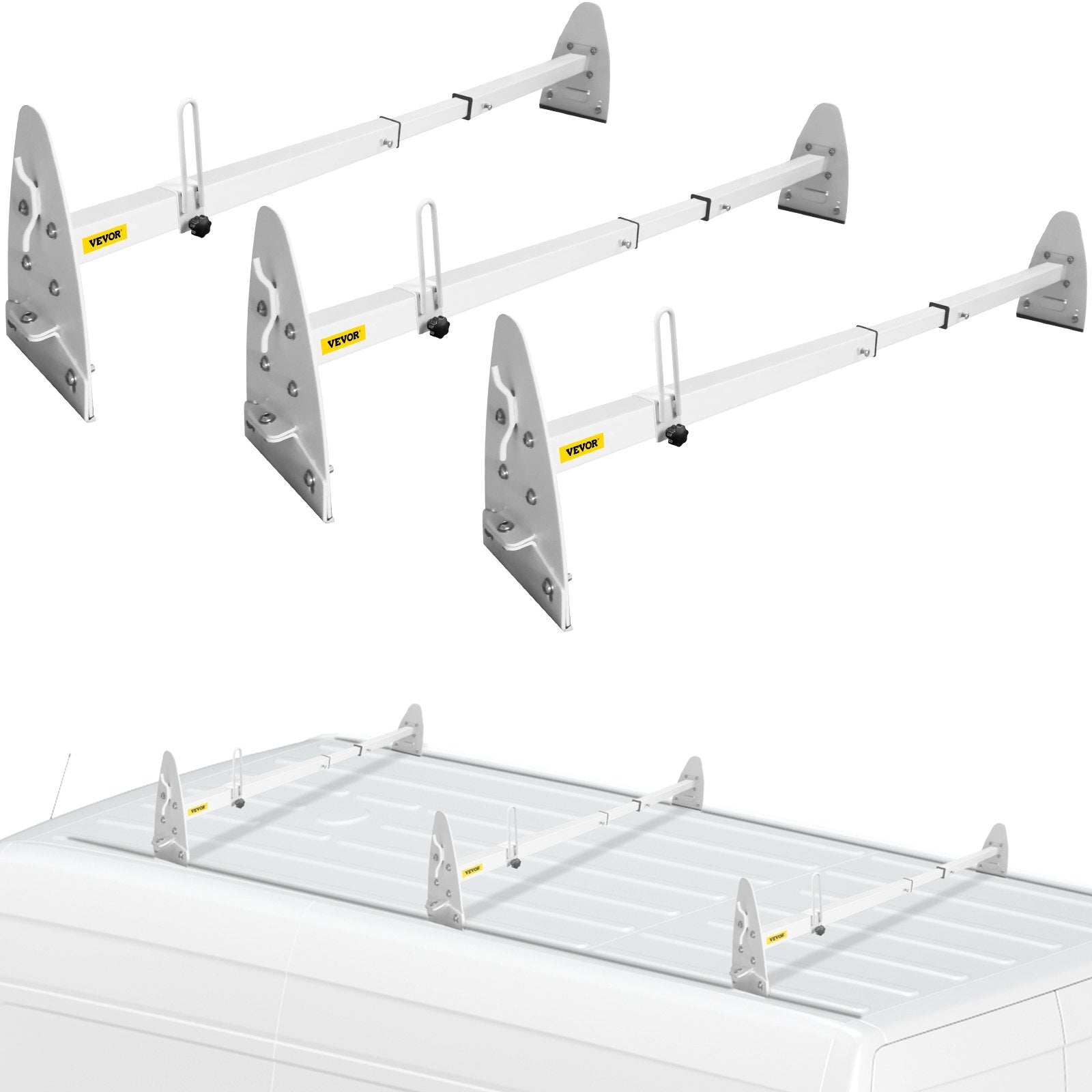 VEVOR Van Roof Ladder Rack, 3 Bars, 661 LBS Capacity, 52"-64" Adjustable Steel Roof Rack Cross Bar with Ladder Stoppers, Fit Vans with Rain Gutters, for Kayak Canoe Lumber Pipe Cargo, White - Premium Ladder Racks from VEVOR - Just $159.99! Shop now at Rapidvehicles