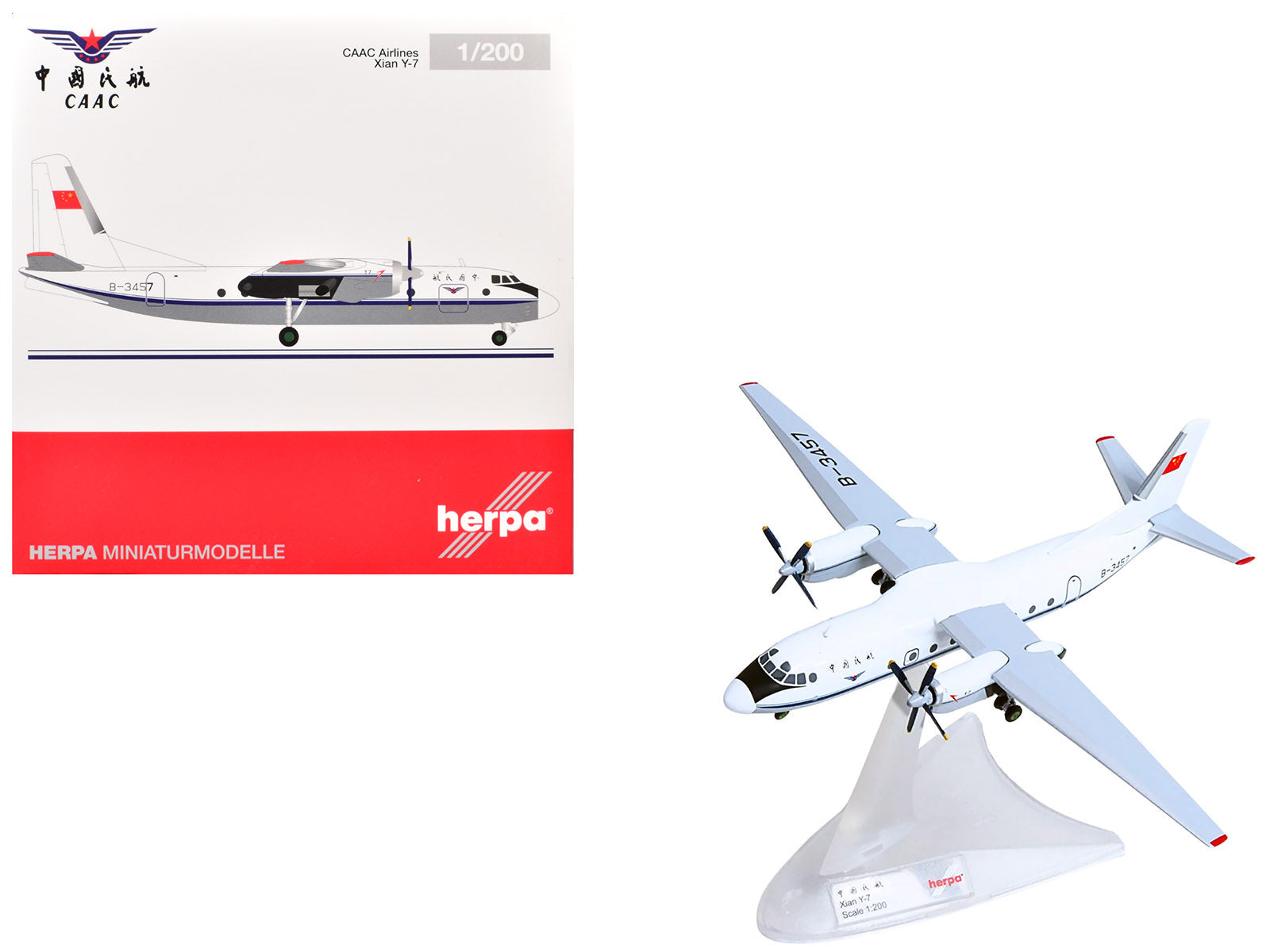 Xian Y-7 Commercial Aircraft "CAAC Airlines" (B-3457) White with Blue Stripes 1/200 Diecast Model by Herpa free shipping USA