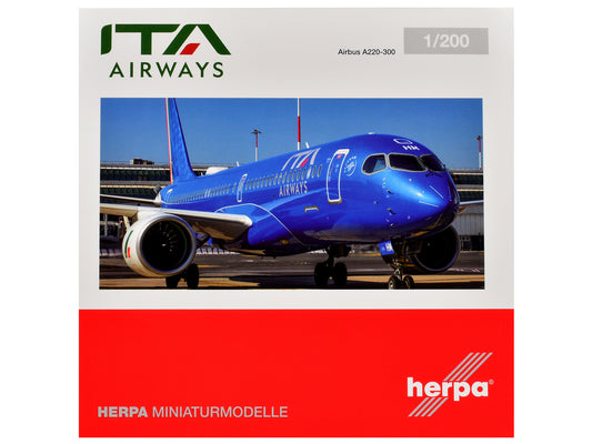 Airbus A220-300 Commercial Aircraft "ITA Airways" (EI-HHM) Blue with Tail Stripes 1/200 Diecast Model Airplane by Herpa