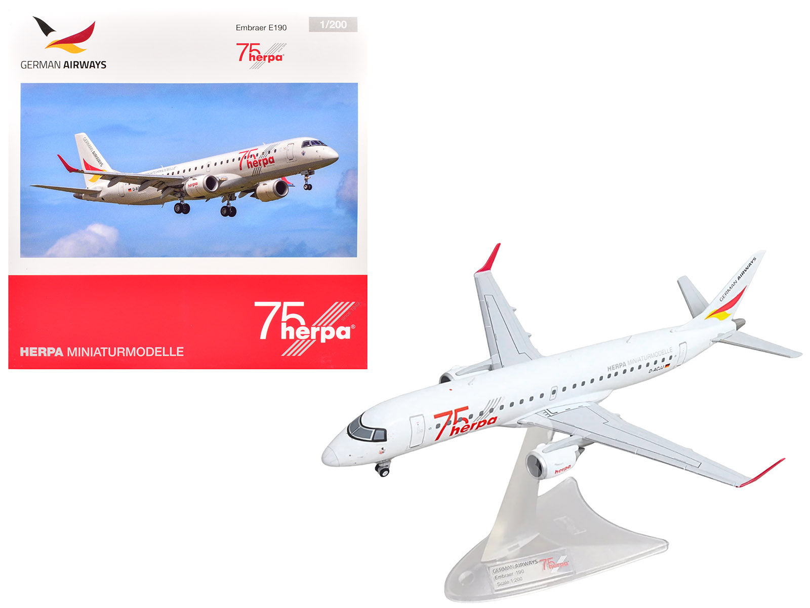 Embraer E190 Commercial Aircraft "German Airways - Herpa 75 Years" (D-ACJJ) White with Graphics 1/200 Diecast Model by Herpa free shipping USA