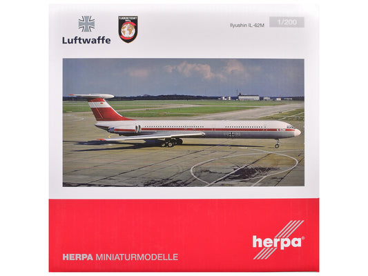 Ilyushin IL-62M Commercial Aircraft "German Luftwaffe" (11+22) White with Red Stripes 1/200 Diecast Model Airplane by Herpa free shipping USA