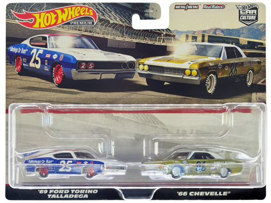 1969 Ford Torino Talladega #25 White and Blue with Red Top and 1966 Chevrolet Chevelle #86 Gold with White Top "Car Culture" Set of 2 Cars Diecast Model Cars by Hot Wheels free shipping USA