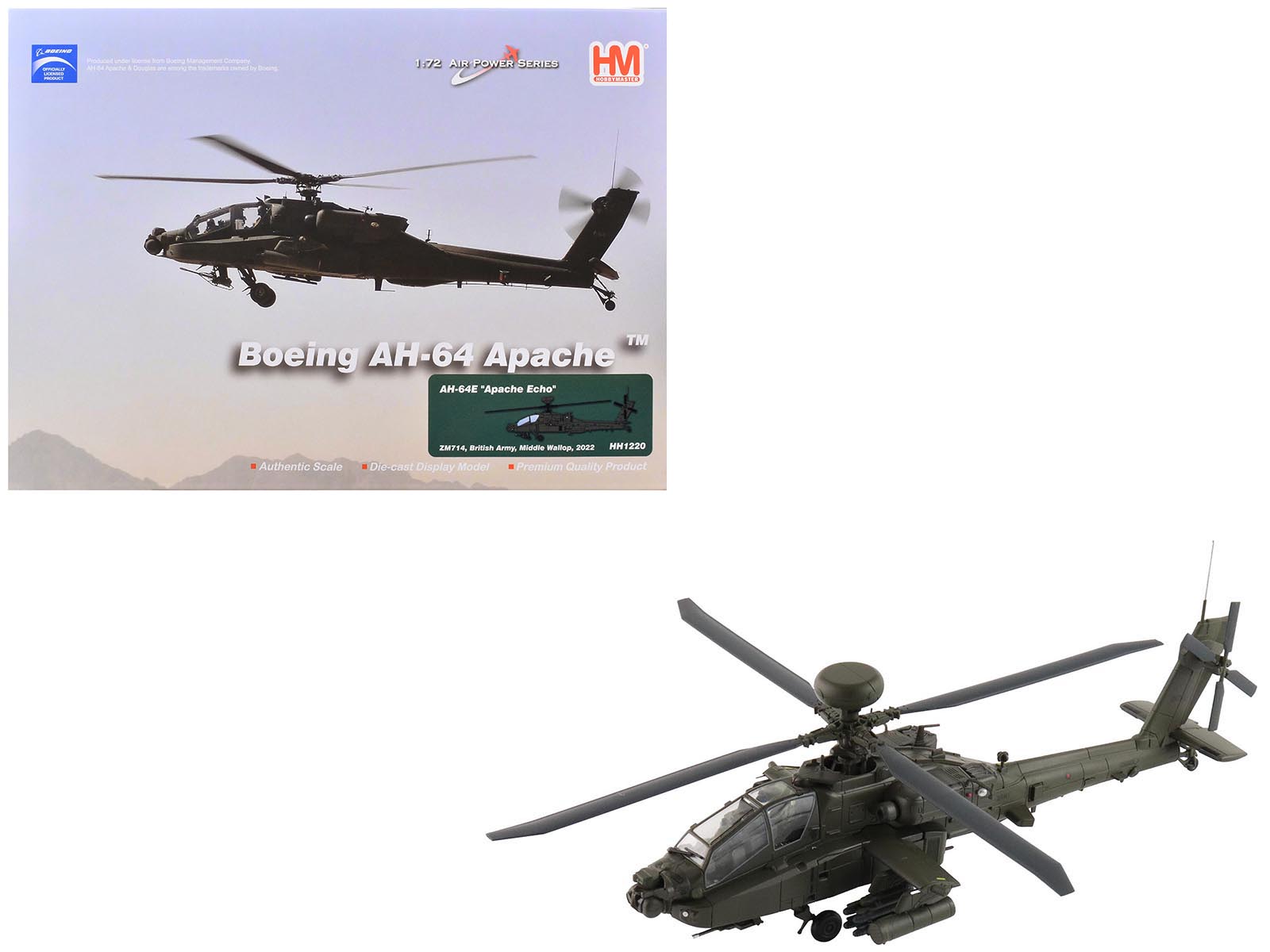 Boeing AH-64E Apache Echo Attack Helicopter "ZM714 Middle Wallop" (2022) British Army "Air Power Series" 1/72 Diecast Model by Hobby Master free shipping USA