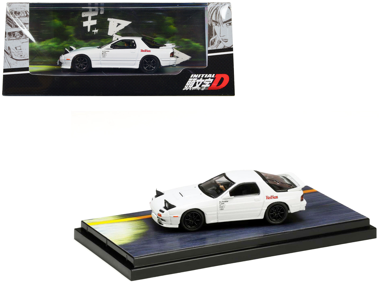 Mazda RX-7 (FC3S) RHD (Right Hand Drive) White "RedSuns" with Ryosuke Takahashi Driver Figure "Initial D" (1995-2013) Manga 1/64 Diecast Model Car by Hobby Japan free shipping USA