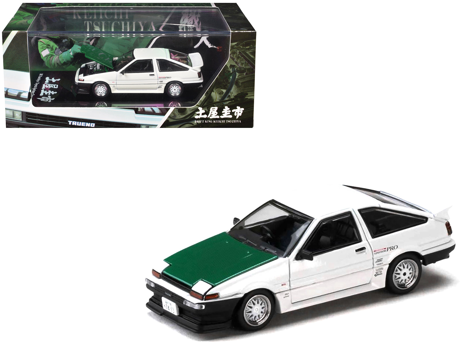 Toyota Sprinter Trueno (AE86) RHD (Right Hand Drive) "Keiichi Tsuchiya - Dori Dori Mesh Wheels" White with Green Carbon Hood 1/64 Diecast Model Car by Hobby Japan free shipping USA