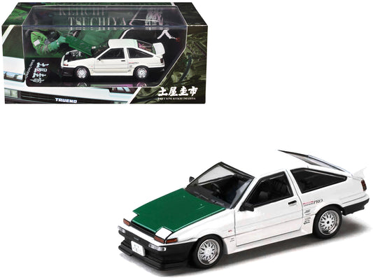 Toyota Sprinter Trueno (AE86) RHD (Right Hand Drive) "Keiichi Tsuchiya - Dori Dori Mesh Wheels" White with Green Carbon Hood 1/64 Diecast Model Car by Hobby Japan - Use code SHOPAPP15 to get 15 percent off
