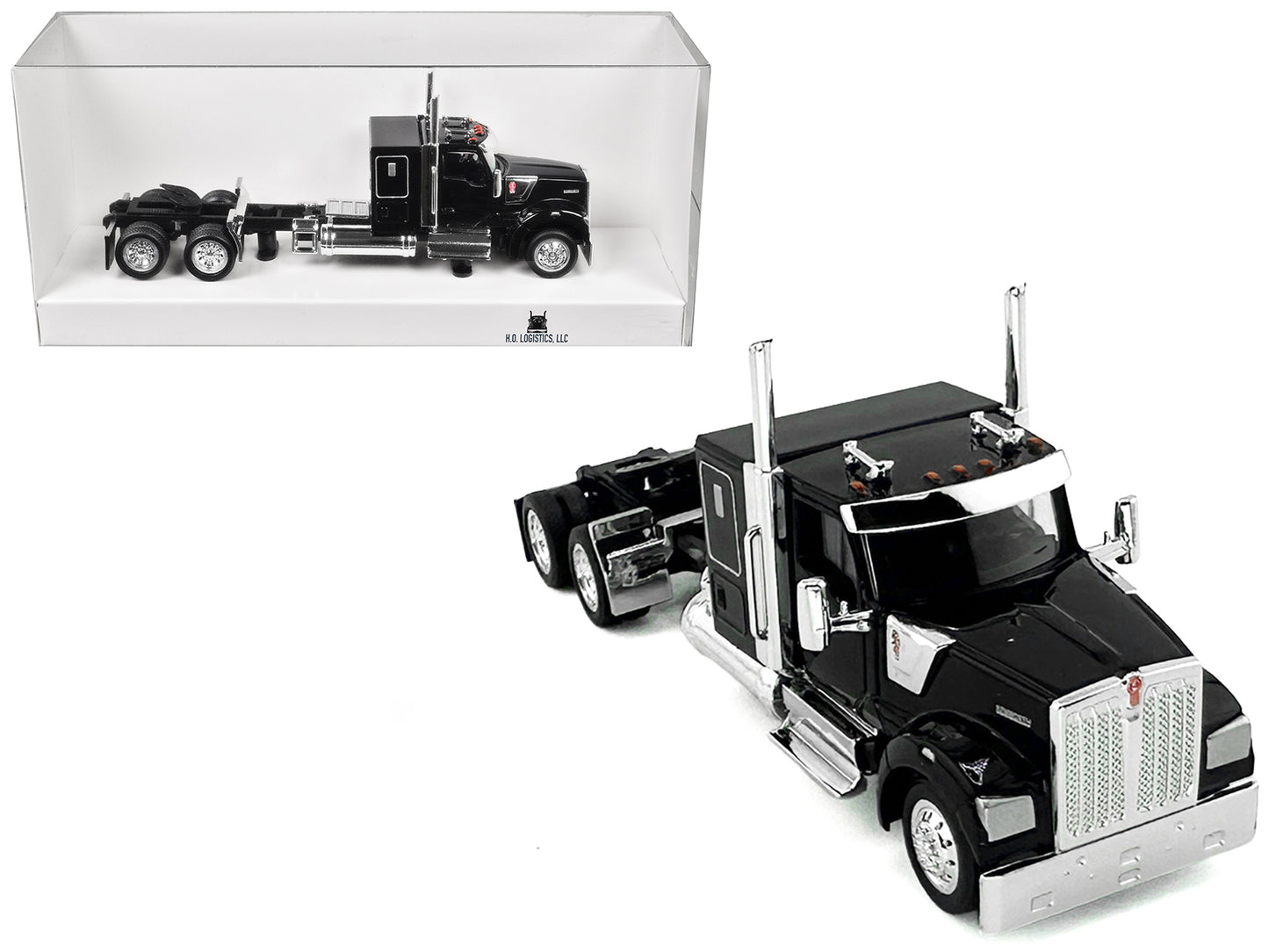 Kenworth W990 with Flat Top Sleeper Cab Black 1/87 (HO) Plastic Model Car by HO Logistics - Use code SHOPAPP15 to get 15 percent off